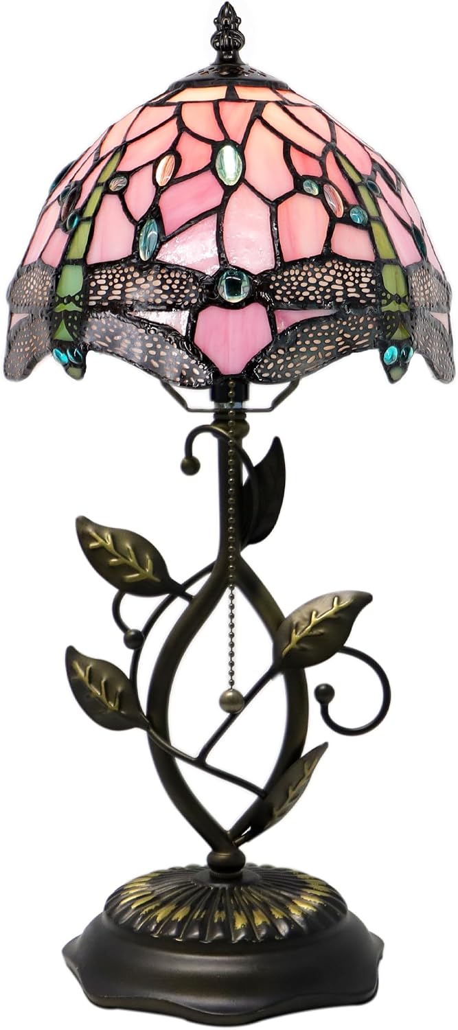 Small Tiffany Lamp Pink Dragonfly Style Stained Glass Table Lamps Desk Bedside Reading Light 8X8X18 Inches with Bronze Metal Leaf Resin Base