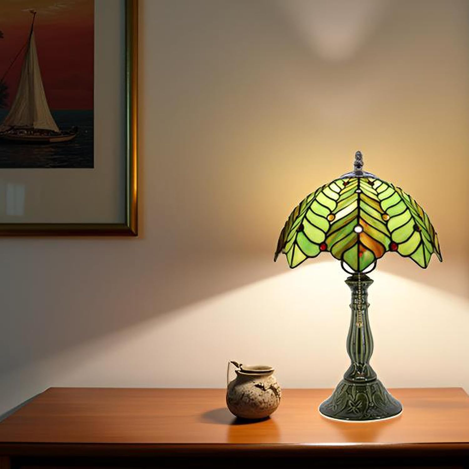 Tiffany Lamp Stained Glass Table Lamps Brown Green Coconut Leaves Style Desk Lamp 12X12X18.5 Inch Bronze Ceramic Base Reading Light Suitable for Bedside Bedroom Living Room Dining Room Office