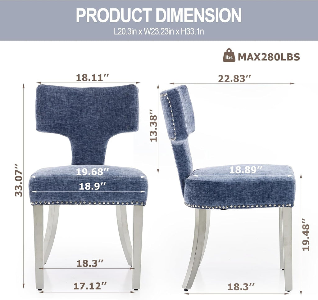 Dining Chair Set of 6 Linen Fabric Curved Backrest Farmhouse Mid Century Accent Upholstered Kitchen Chairs with Silver Legs and Foot Pad for Dining Room/Living Room/Restaurant,Blue