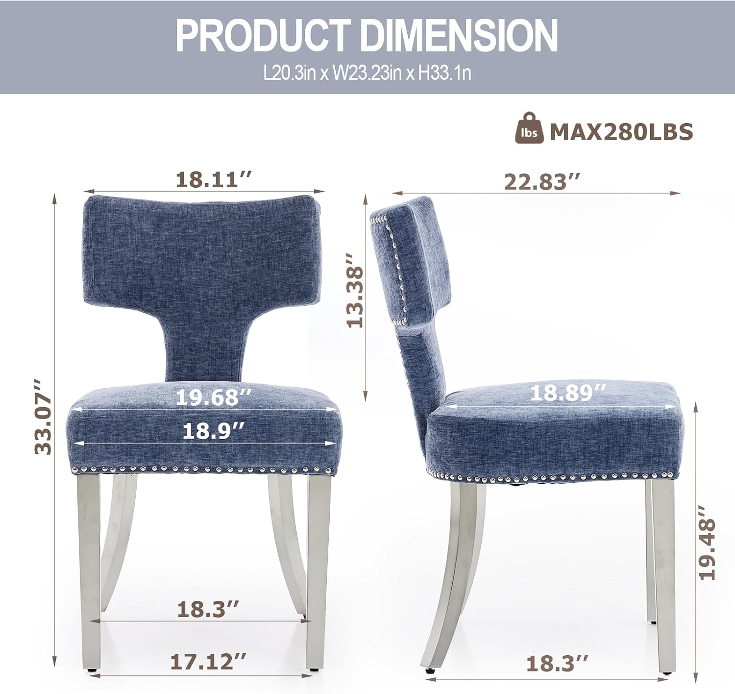 Dining Chair Set of 6 Linen Fabric Curved Backrest Farmhouse Mid Century Accent Upholstered Kitchen Chairs with Silver Legs and Foot Pad for Dining Room/Living Room/Restaurant,Blue