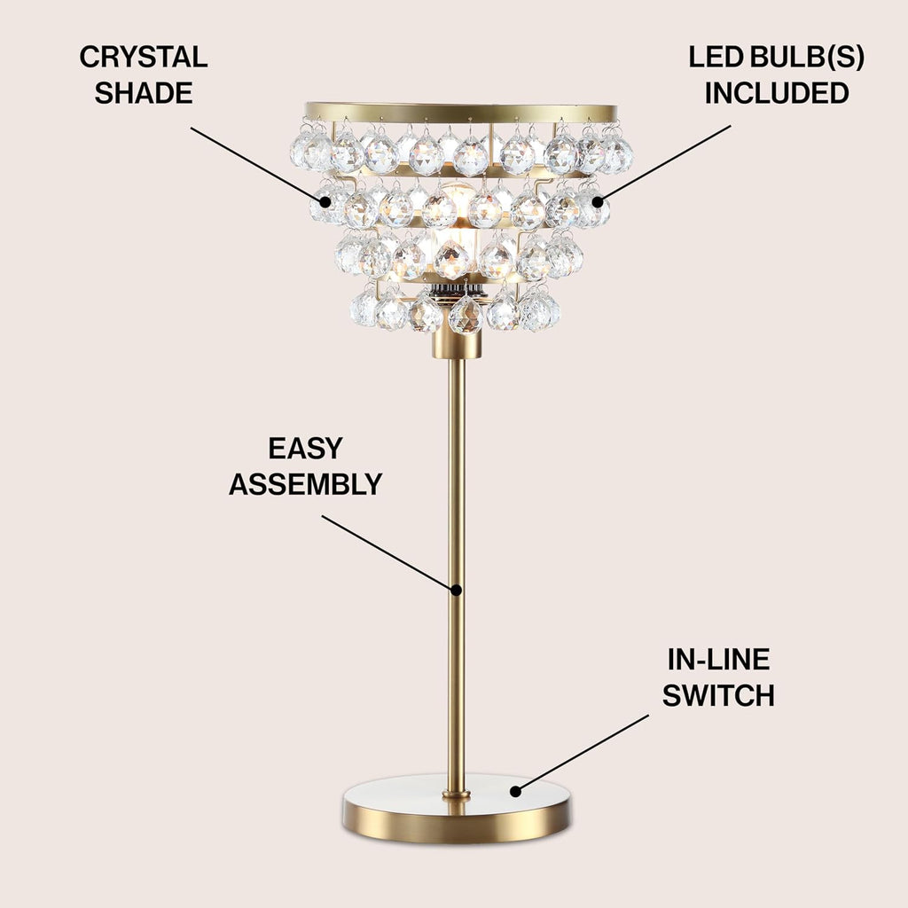 JONATHAN Y 25' Brass Gold/Clear Table Lamp, Modern Industrial Chandelier Style Light, Clear Crystal Beads, Glam Bedside Nightstand Lamp for Bedroom Living Room, LED Bulb Included (JYL9004B)