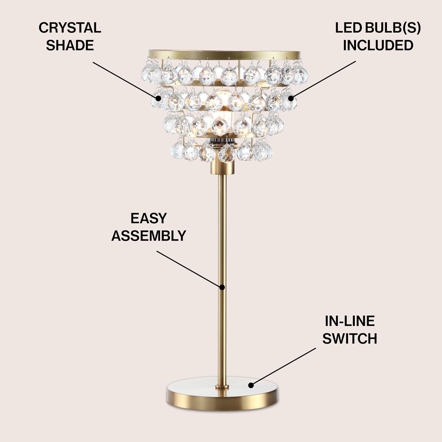 JONATHAN Y 25' Brass Gold/Clear Table Lamp, Modern Industrial Chandelier Style Light, Clear Crystal Beads, Glam Bedside Nightstand Lamp for Bedroom Living Room, LED Bulb Included (JYL9004B)