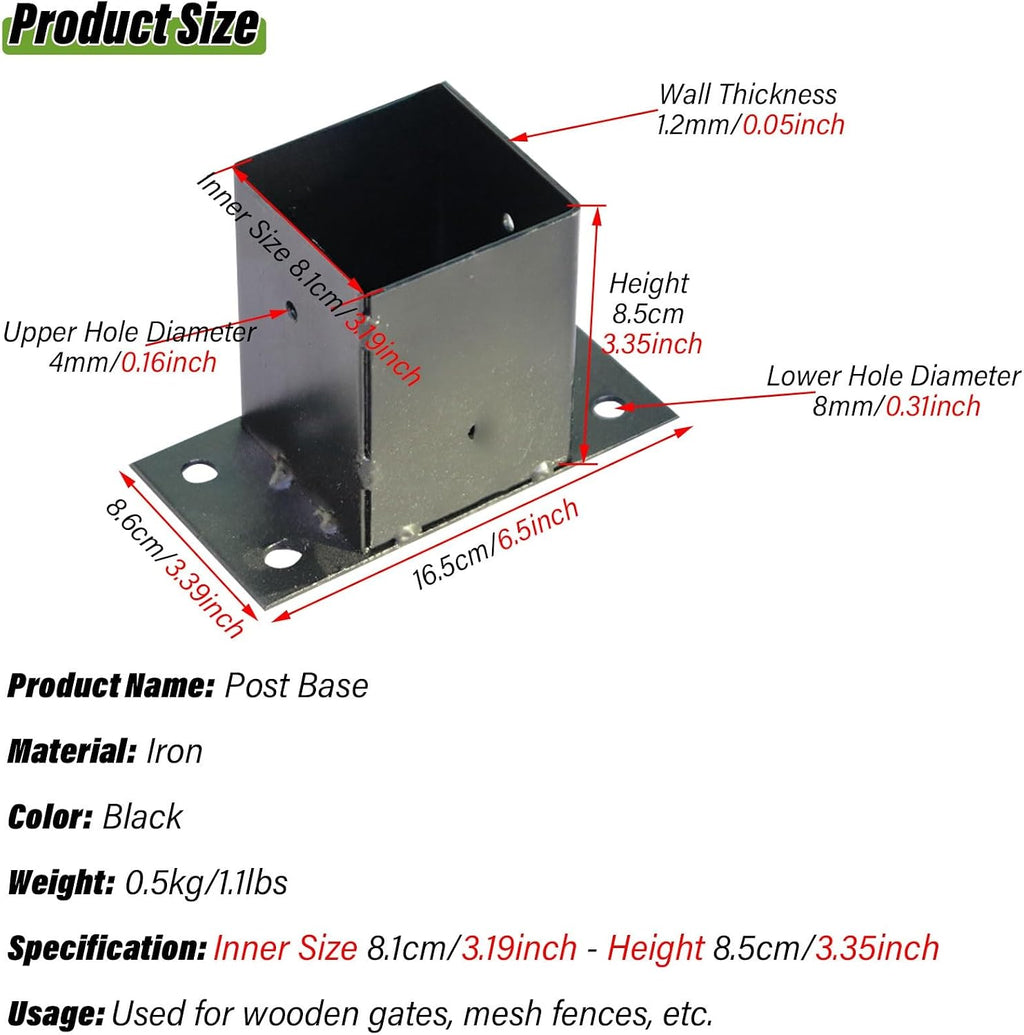 Sturdy Iron Fence Post Anchor Bracket for Decks and Porches - Weather Resistant Post Support with Installation Kit(8.1x8.5cm)