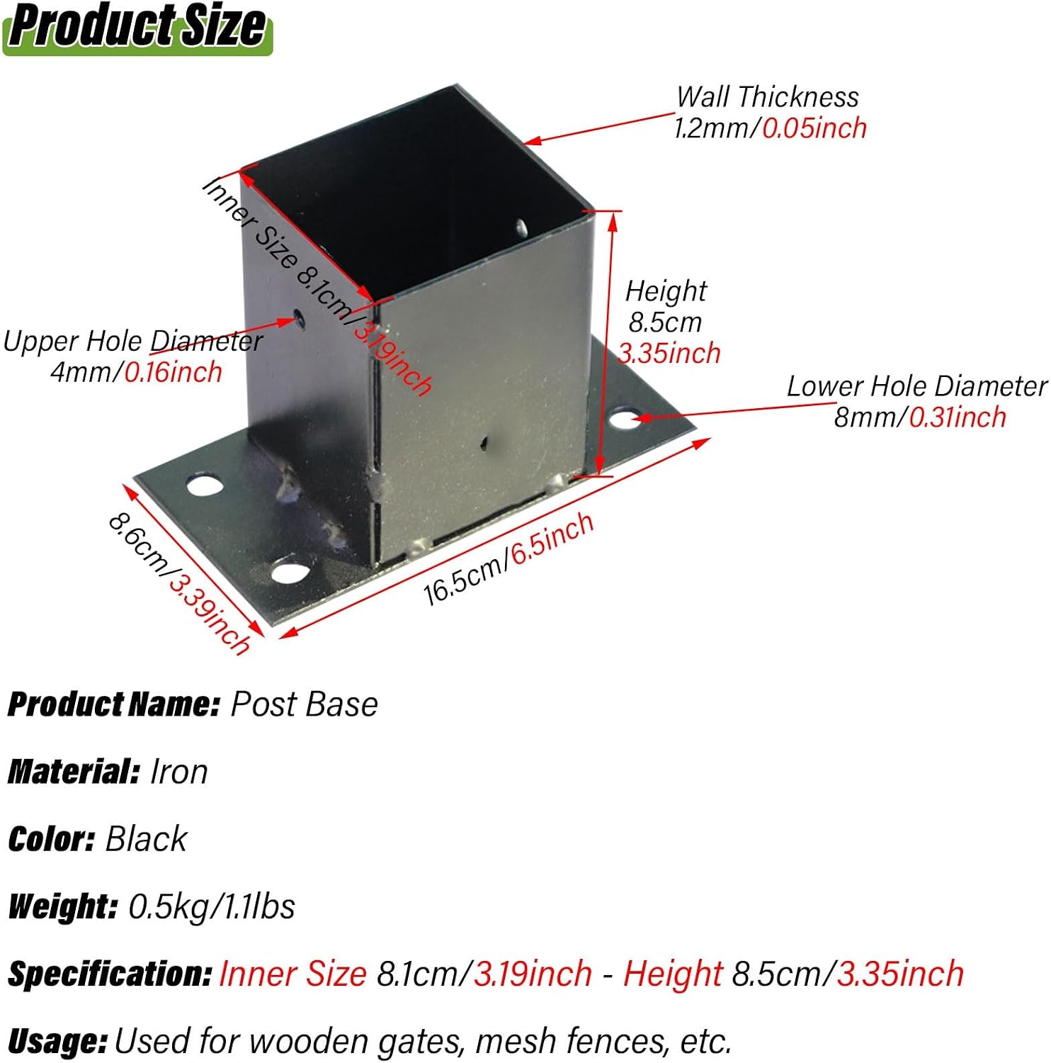 Sturdy Iron Fence Post Anchor Bracket for Decks and Porches - Weather Resistant Post Support with Installation Kit(8.1x8.5cm)