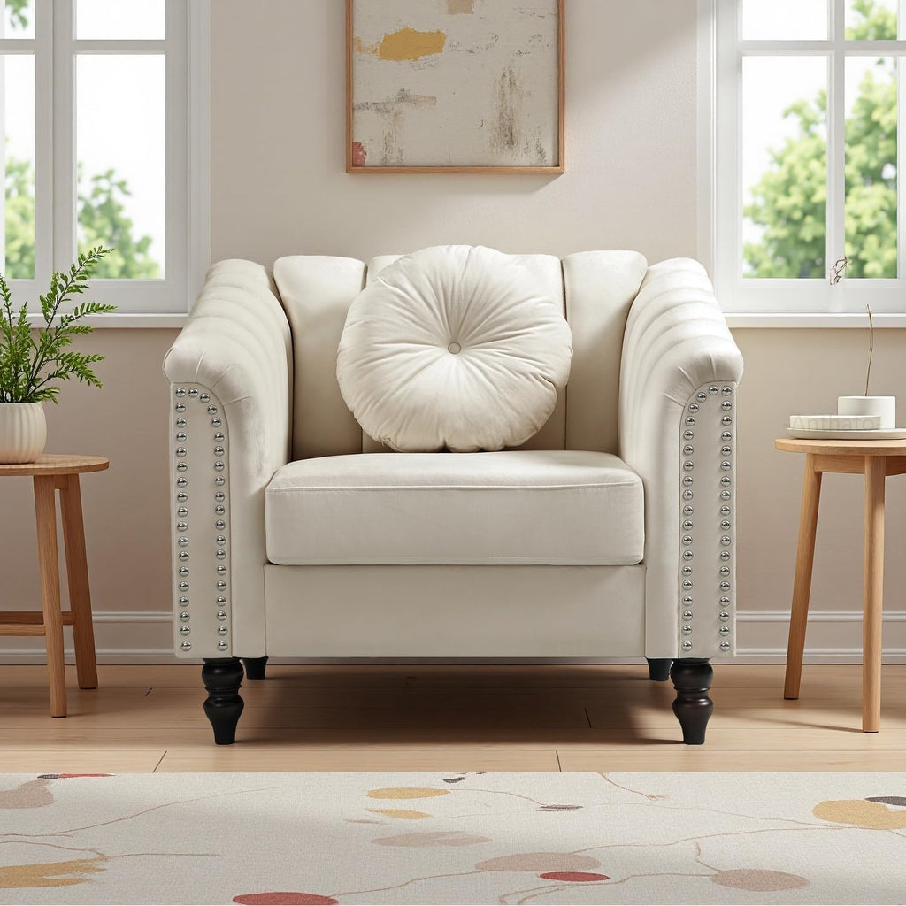 Chesterfield Chair for Living Room Furniture Set, Upholstered Classic Chair Sofa with Matching Pillow, Velvet Sofa Couch Furniture for Living Room/Study/Apartment(Cream White)