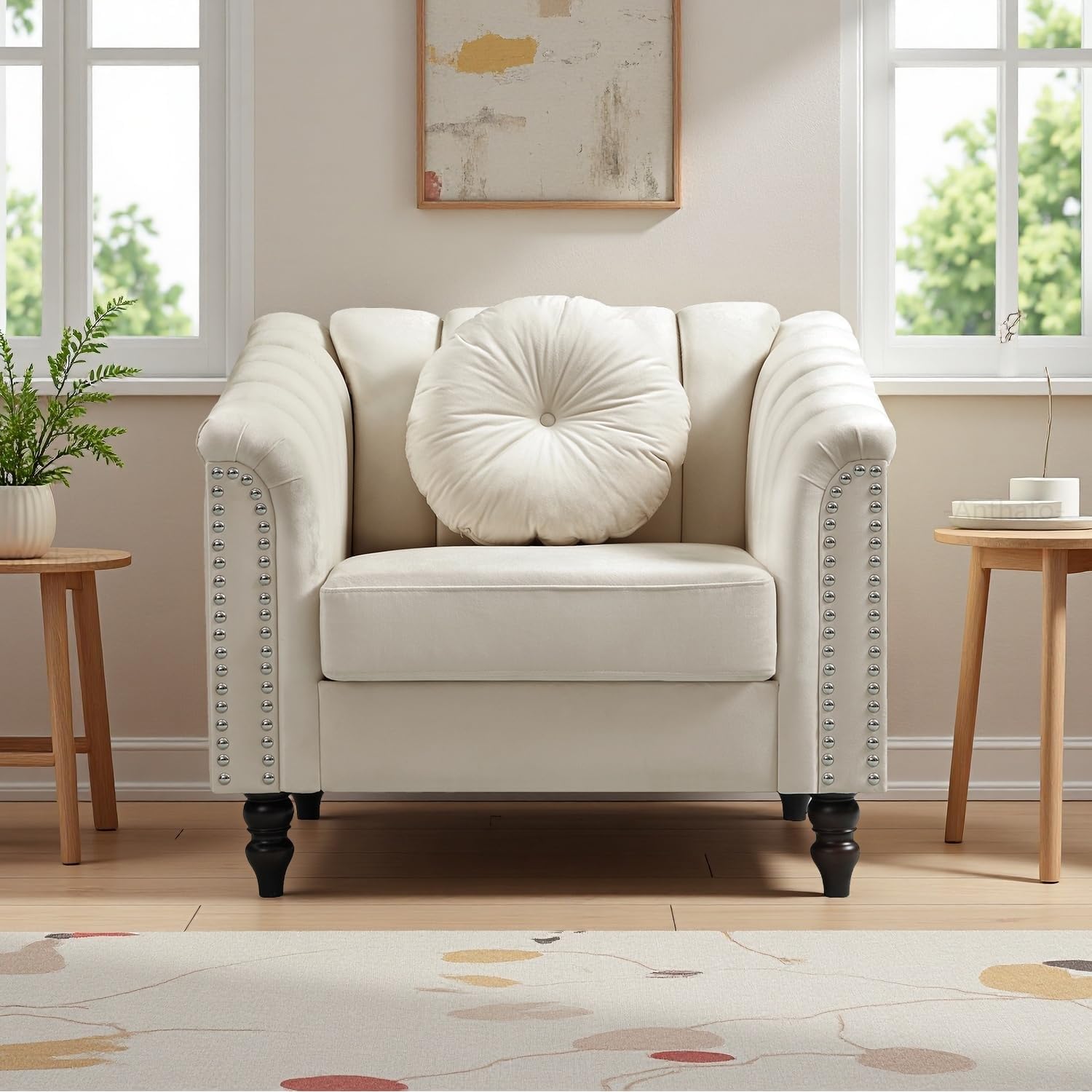 Chesterfield Chair for Living Room Furniture Set, Upholstered Classic Chair Sofa with Matching Pillow, Velvet Sofa Couch Furniture for Living Room/Study/Apartment(Cream White)