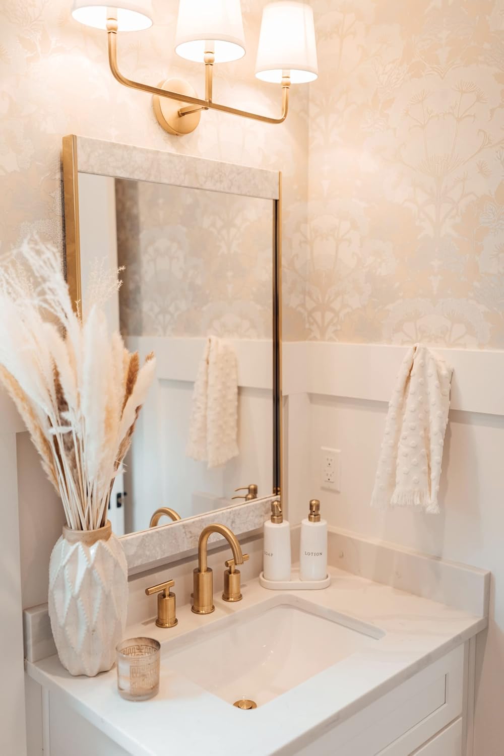 Capital Lighting 119331AD-674 Dawson Decorative White Fabric Stay-Straight Shade Bath Vanity Wall Mount, 3-Light 180 Total Watts, 12' H x 26' W, Aged Brass