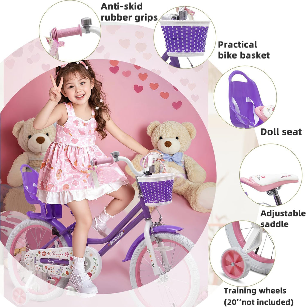 Bixike Princess Style Girls Bike with Basket for 2-13 Years Old Kids and Toddlers, 12 14 16 18 Inch Bicycle for Children with Training Wheels and Streamers, 20 Inch with Kickstand, Multiple Colors