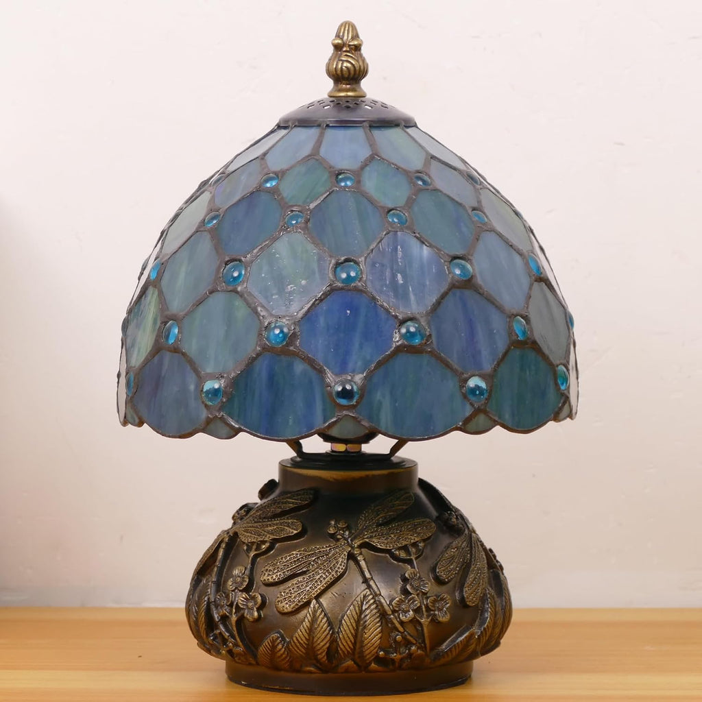 Small Tiffany Lamp Mini Stained Glass Table Lamp Sea Blue Pearl Style Mushroom Memory Sympathy Lamp 8X11 Inch