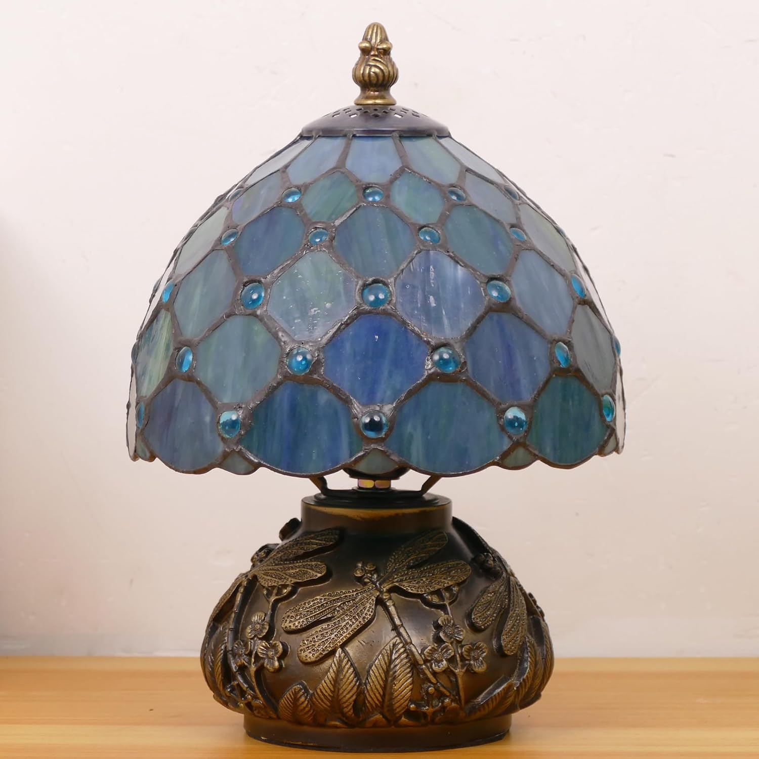 Small Tiffany Lamp Mini Stained Glass Table Lamp Sea Blue Pearl Style Mushroom Memory Sympathy Lamp 8X11 Inch