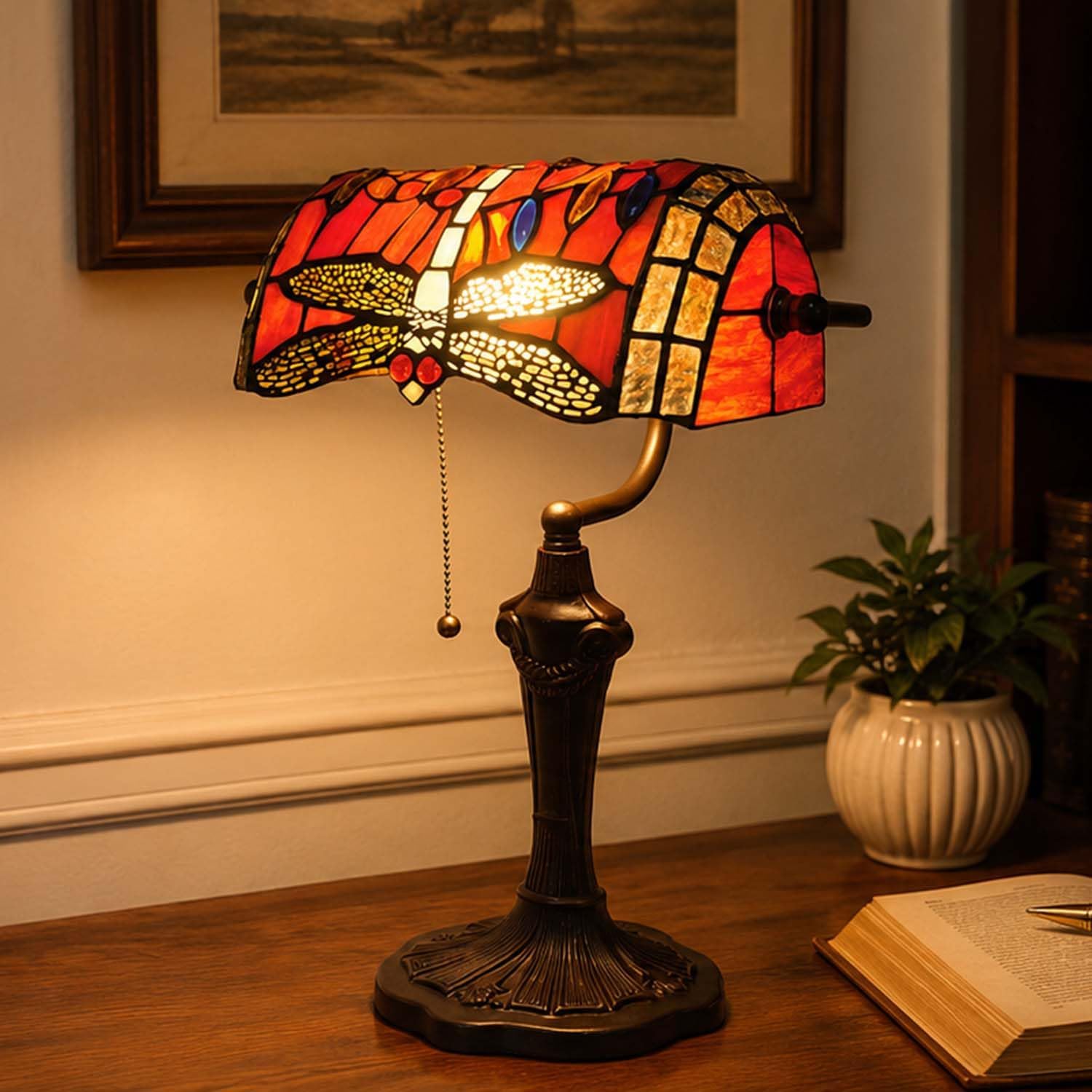 Bieye L10057 Dragonfly Tiffany Style Stained Glass Bankers Desk Lamp Table Lamp for Reading Working Home Decoration, 10' W x 16' H (Red)
