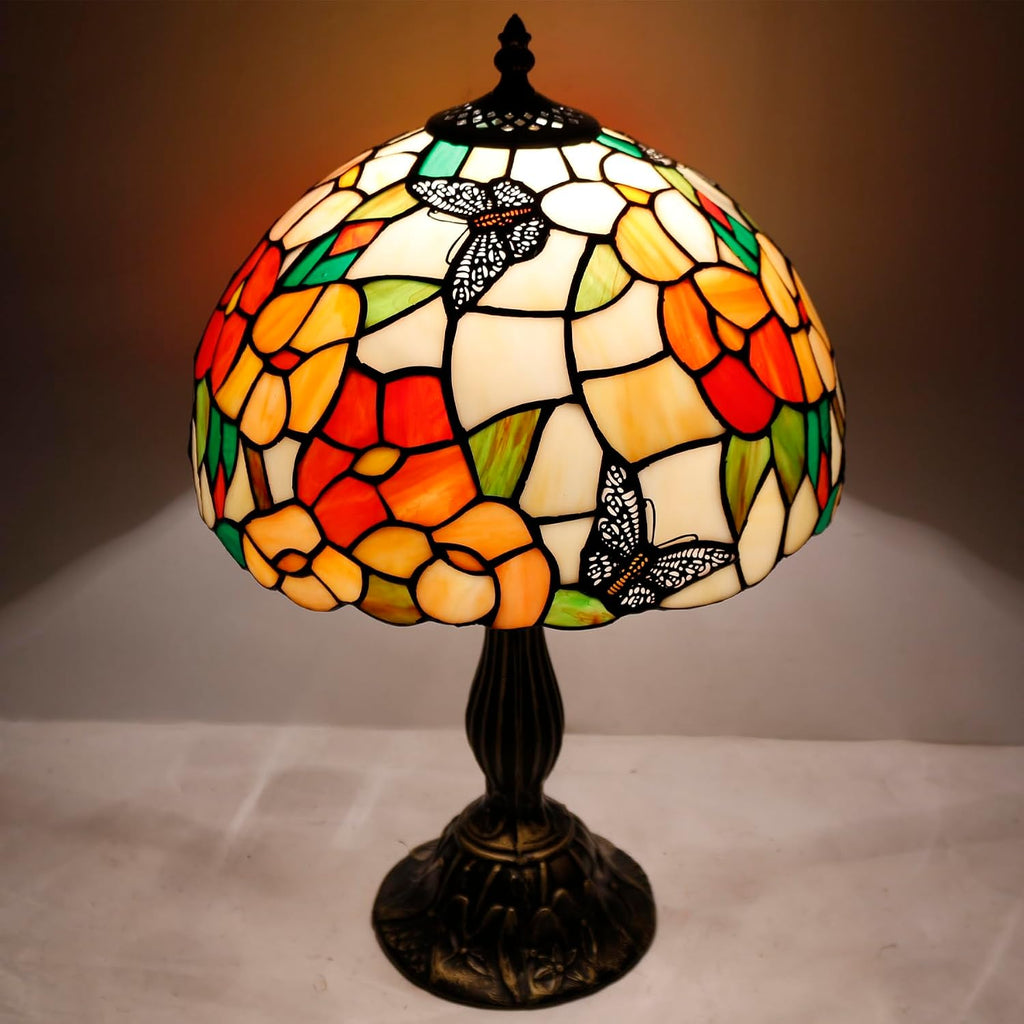 WERFACTORY Tiffany Table Lamp Bedside Pink Stained Glass Lamp Butterfly Style Reading Desk Light 12X12X18 Inches Decor Bedroom Living Room Home Office S275 Series