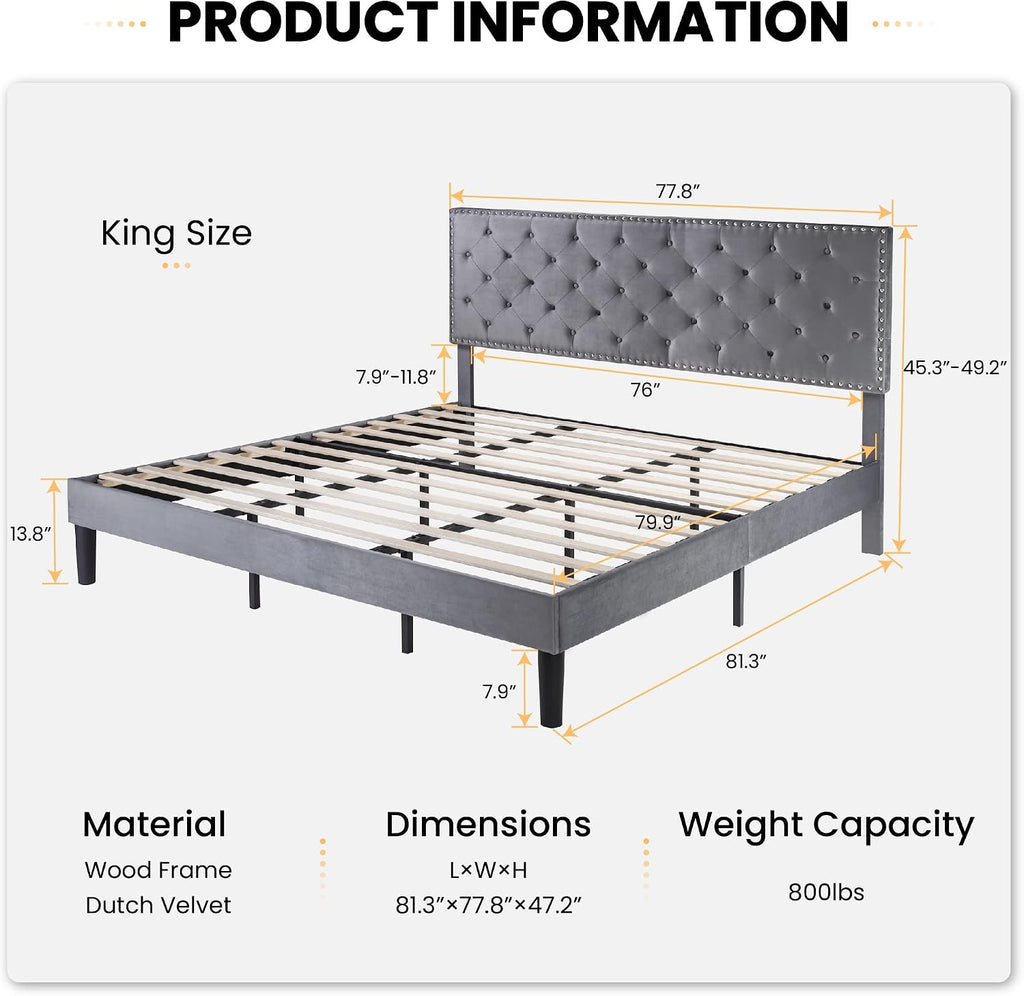 SHA CERLIN King Size Velvet Bed Frame with Adjustable Headboard, Diamond Button Tufted and Rivet Decor, No Box Spring Needed, Silver Grey