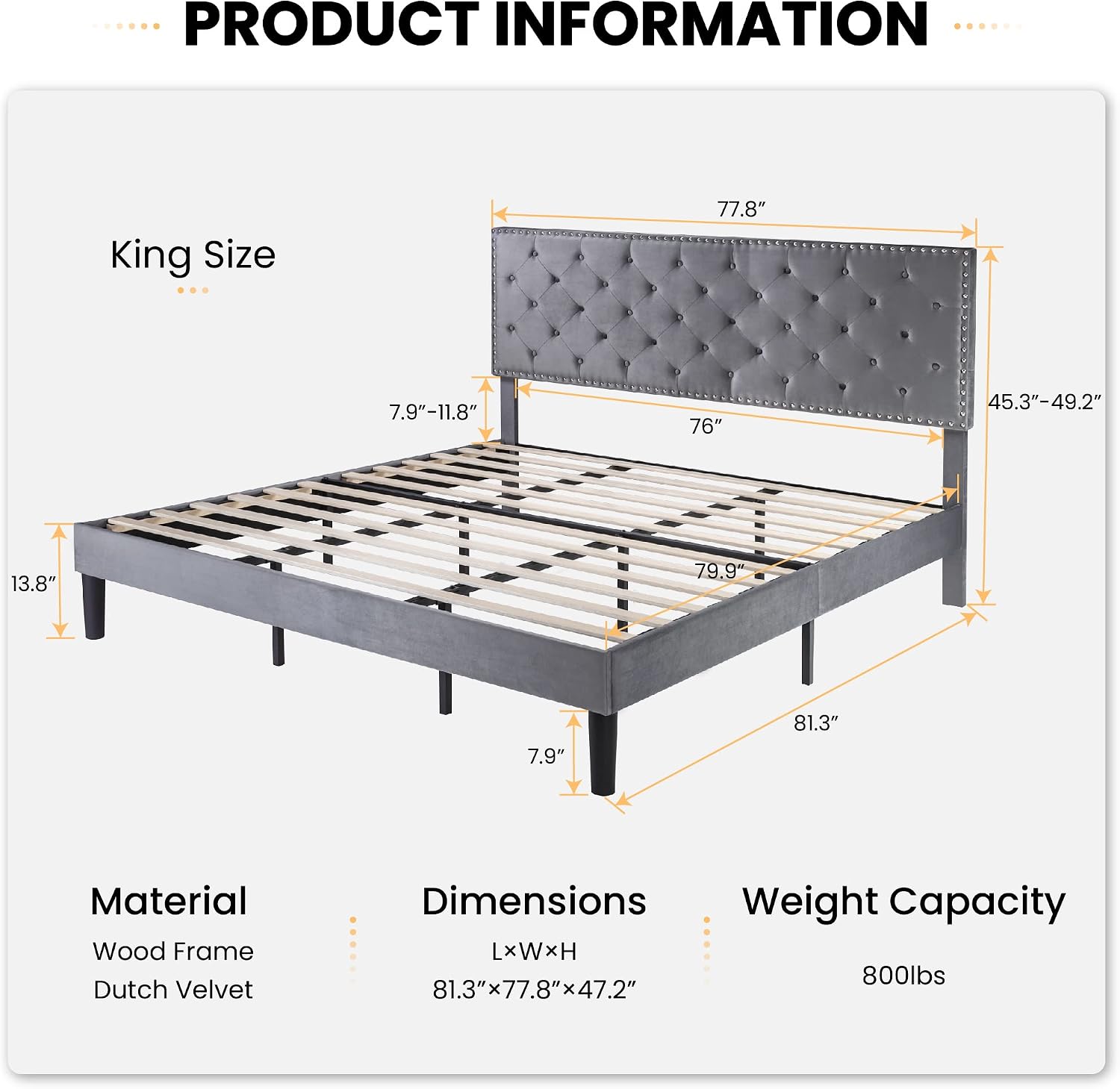SHA CERLIN King Size Velvet Bed Frame with Adjustable Headboard, Diamond Button Tufted and Rivet Decor, No Box Spring Needed, Silver Grey