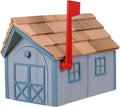 Amish Cedar Roof Wooden Mailbox with Window & Door Trim (Light Gray with Blue Trim)
