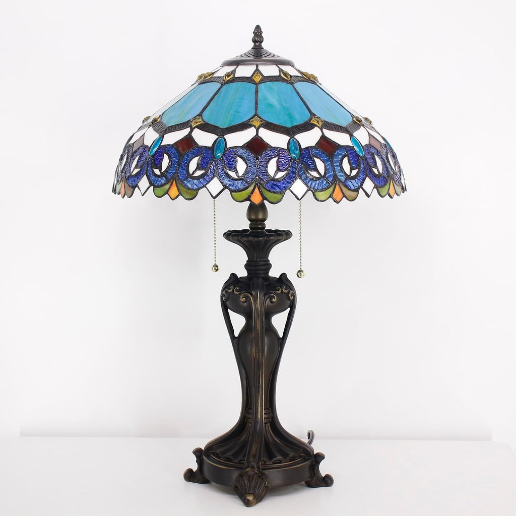 Tiffany Lamp(2 Lights) Stained Glass Table Lamp Bedside Desk Reading Light 16X16X24 Inch Decor Bedroom Living Room Home Office (Blue Baroque)