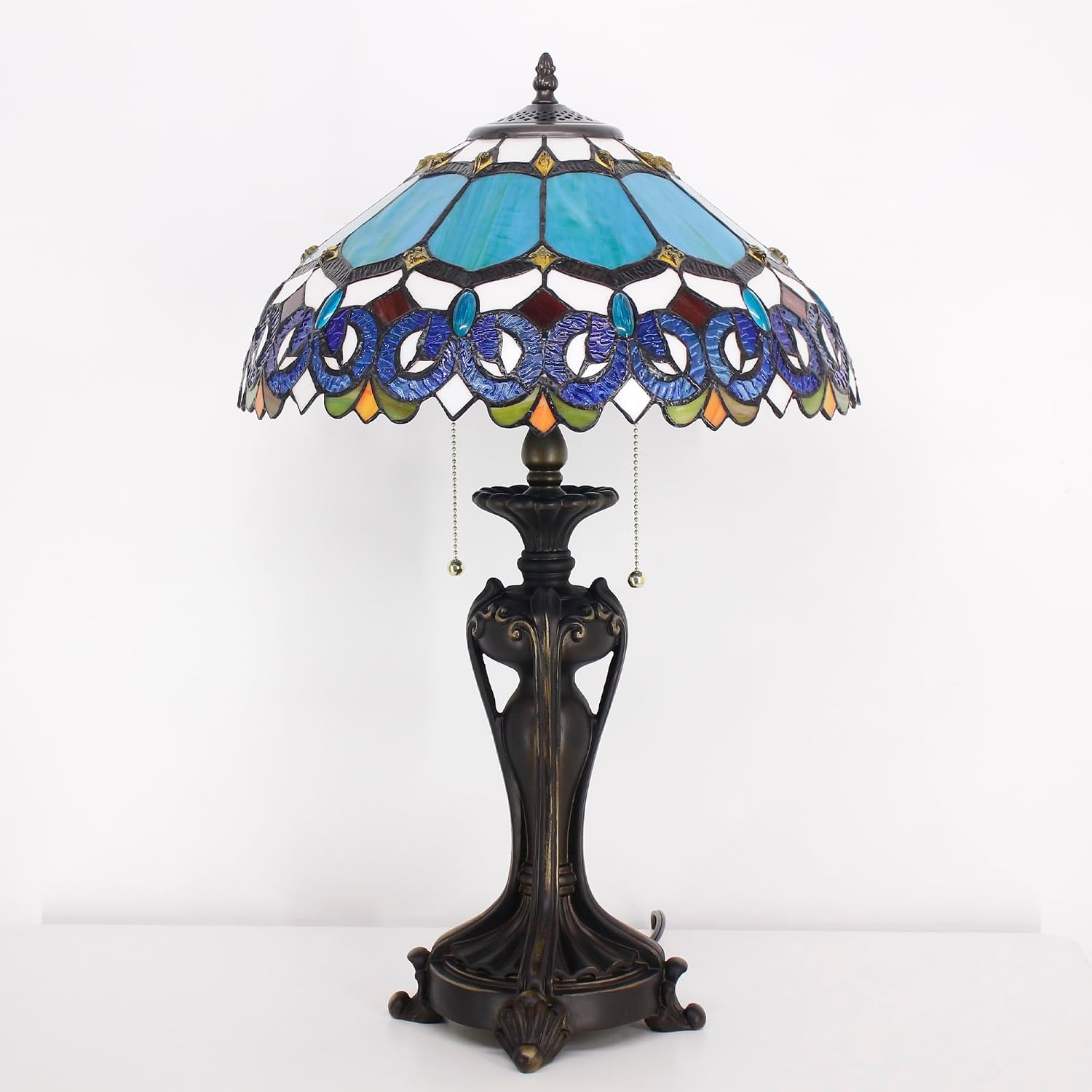 Tiffany Lamp(2 Lights) Stained Glass Table Lamp Bedside Desk Reading Light 16X16X24 Inch Decor Bedroom Living Room Home Office (Blue Baroque)