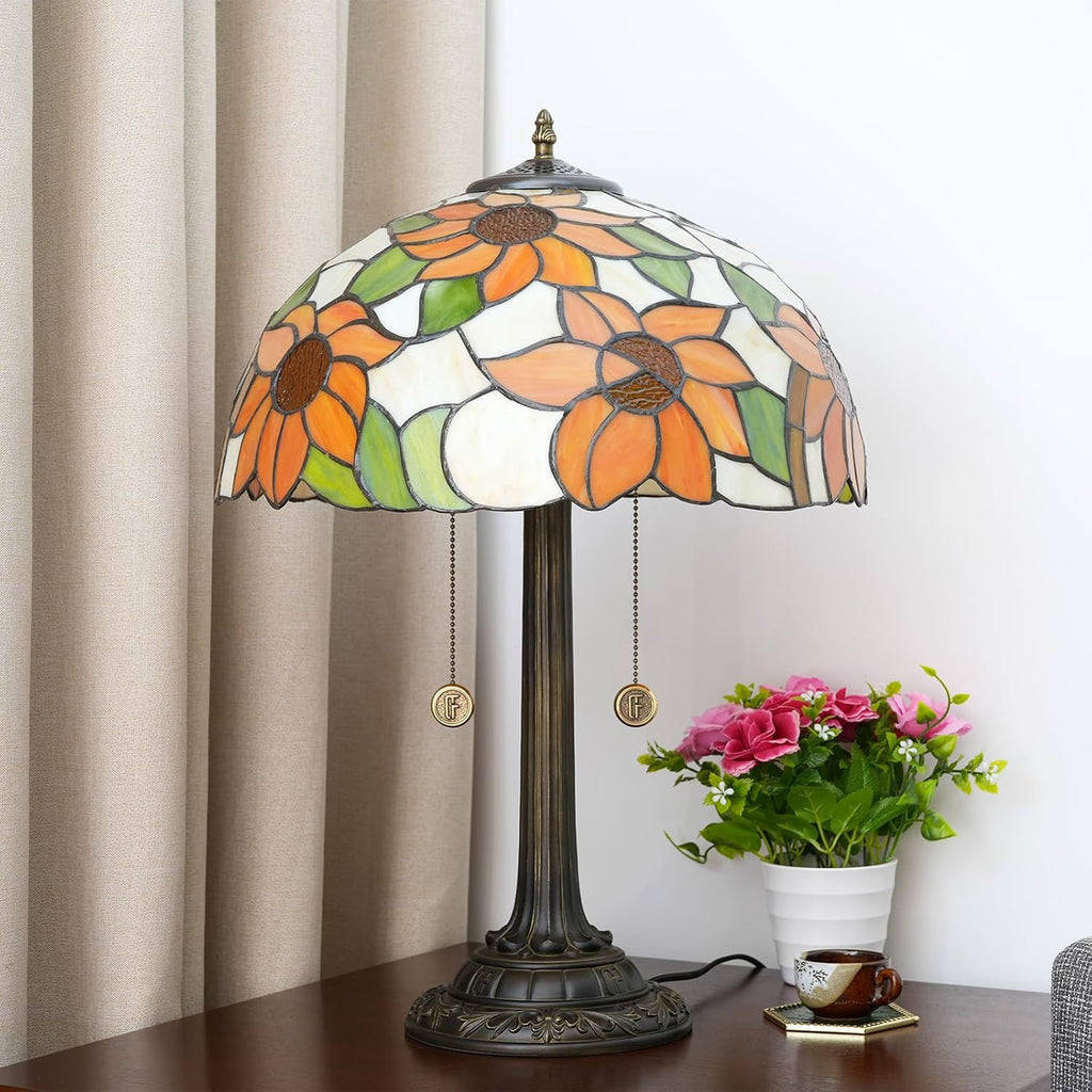 Tiffany Lamp Sunflower Yellow Style Stained Glass Table Lamp Antique Bedside Reading Light 16X16X23 Inch Decor Bedroom Living Room LED Lamp