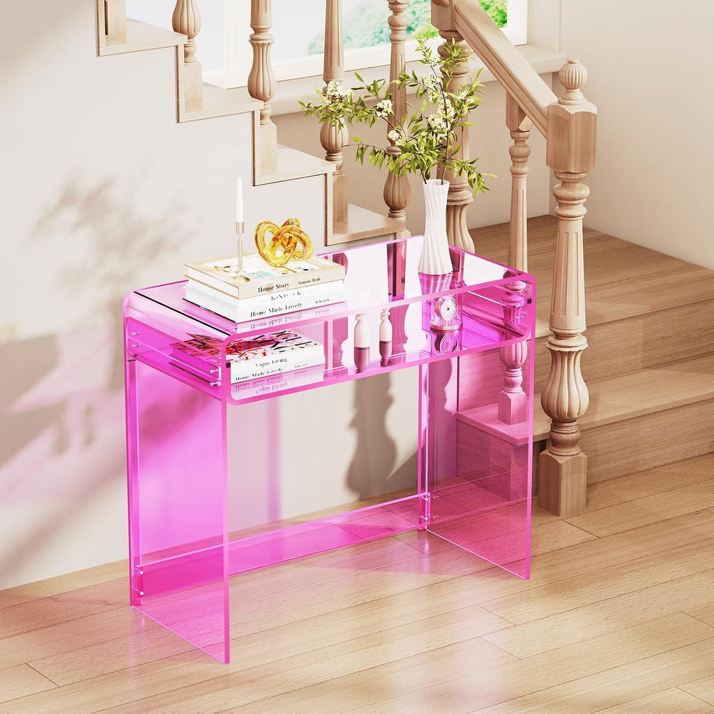 Acrylic Desk Laptop Workstation Study Table Home Office Console Tables Entrance Table Decor (Pink)