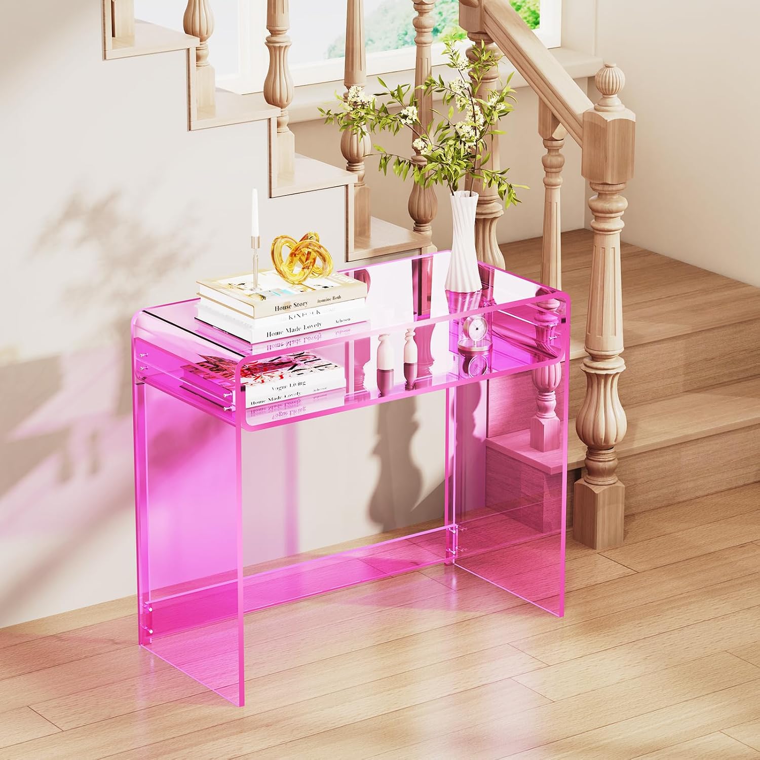 Acrylic Desk Laptop Workstation Study Table Home Office Console Tables Entrance Table Decor (Pink)