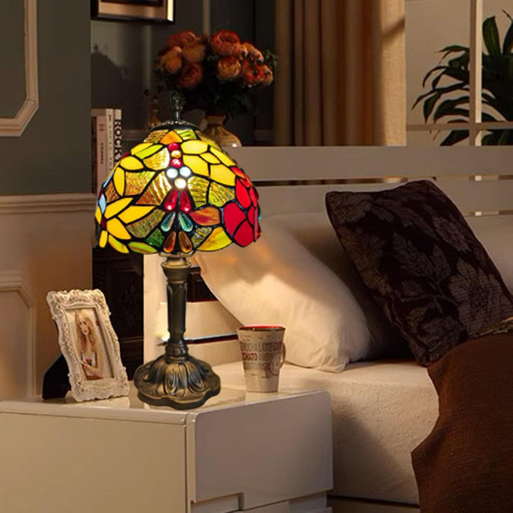Tiffany Small Table Lamp for Bedroom Set of 2,Bedside Nightstand Lamp Rose Flower Grape Stained Glass Table Lamps for Living Room,3 Color Temperature Home Office Desk Lamp+LED Bulb