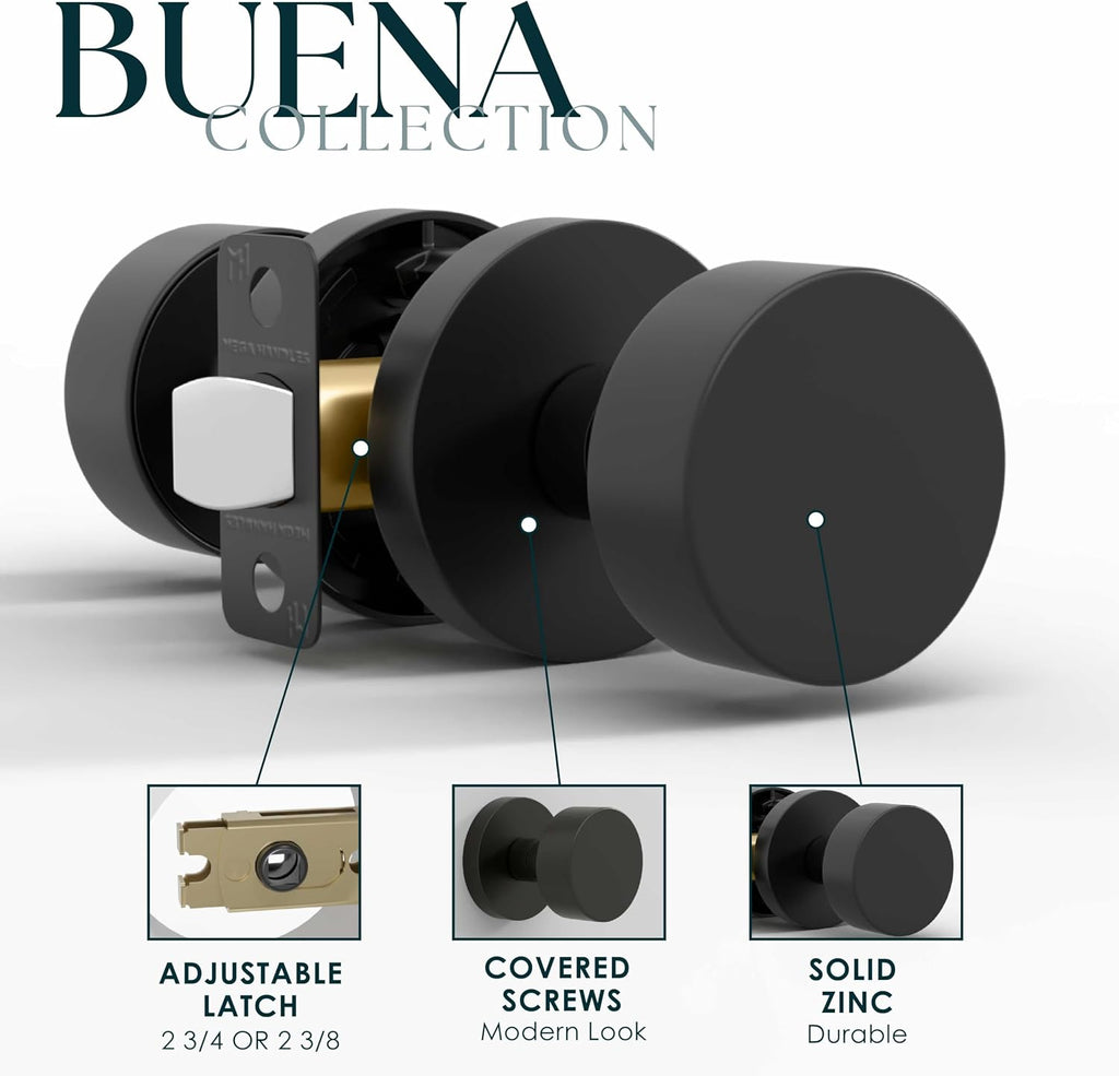 Mega Handles Buena Passage Door Knobs - 3 Pack Reversible Interior Door Knobs, Heavy Duty Matte Black Door Knob for Closet & Hallway, No Lock, Fits All Standard Door Sizes - Matte Black