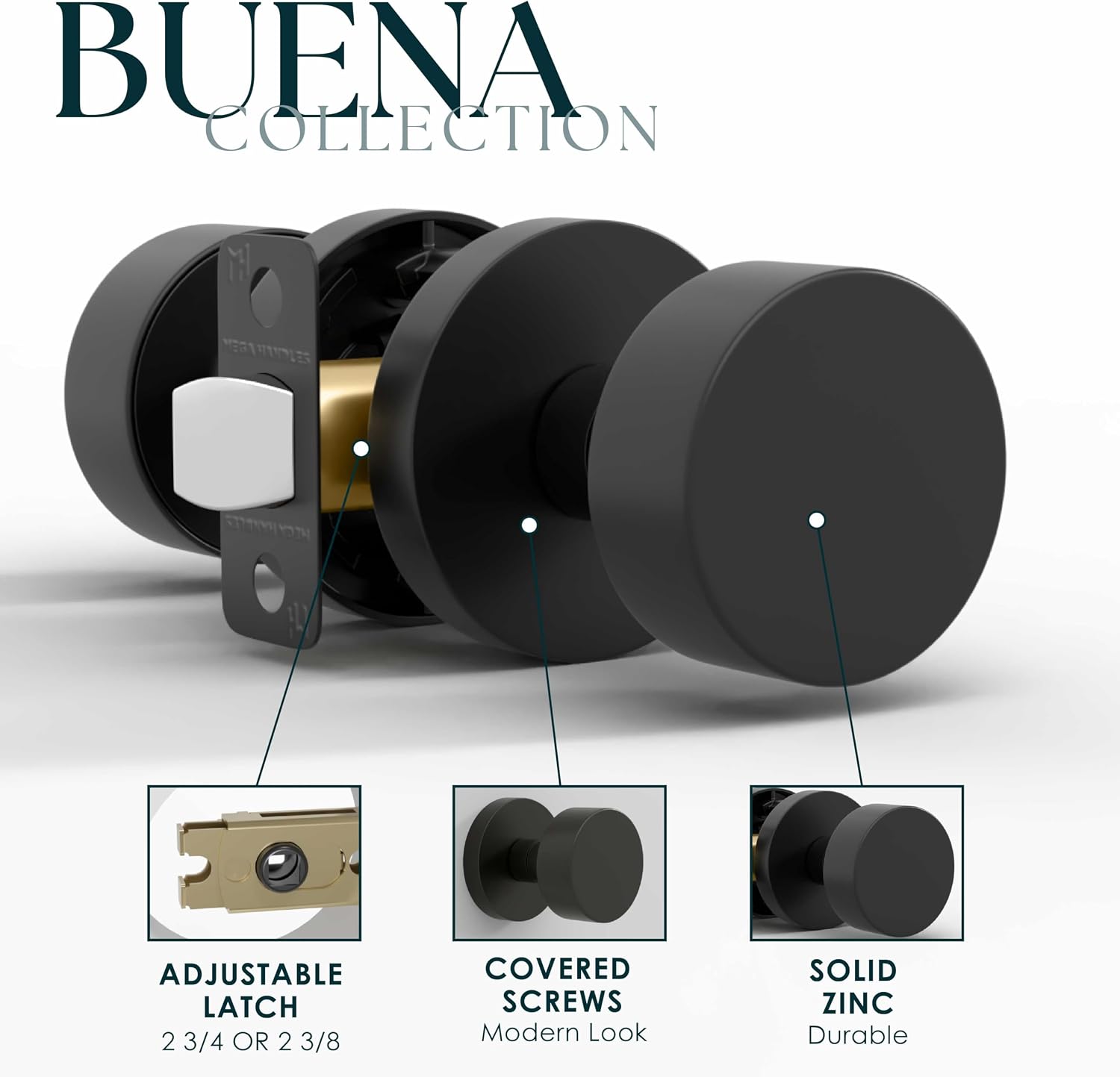 Mega Handles Buena Passage Door Knobs - 3 Pack Reversible Interior Door Knobs, Heavy Duty Matte Black Door Knob for Closet & Hallway, No Lock, Fits All Standard Door Sizes - Matte Black