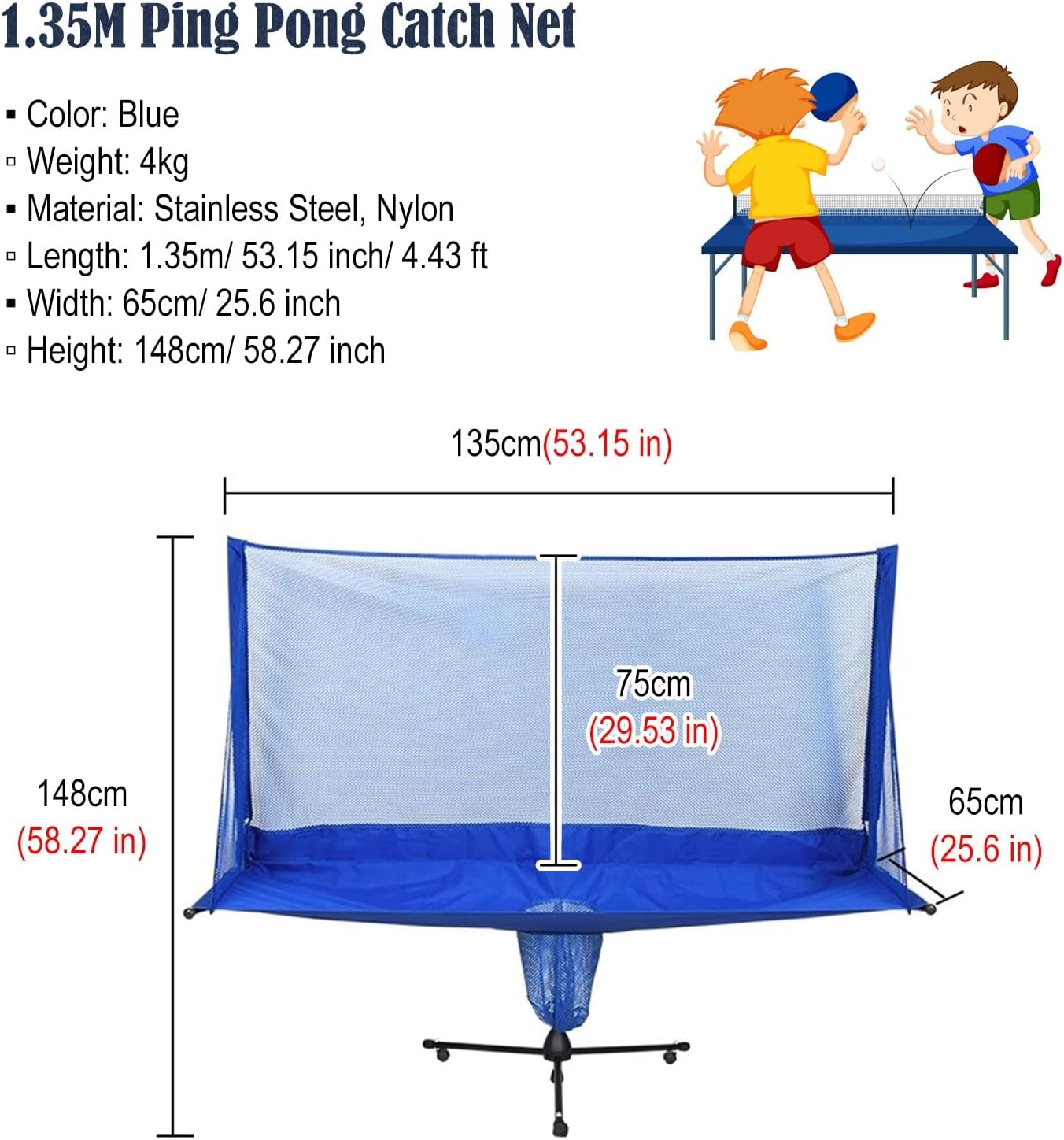 ERRULAN Large Ping Pong Practice Net with Wheels, Foldable Table Tennis Ball Catch Net Equipments for Adults & Kids, Indoor Outdoor Teen Activities - Multi-Ball Training(1.35m/53.15 in/4.43 ft)