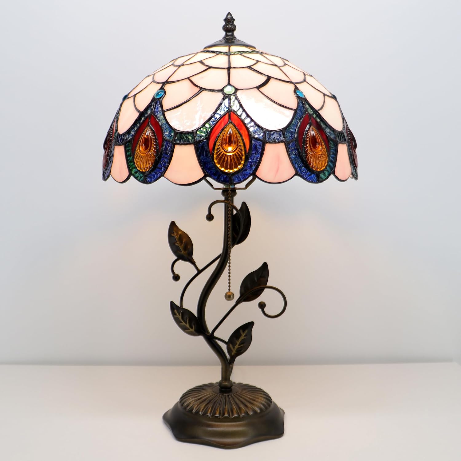 Tiffany Lamp Pink Peacock Tail Style Stained Glass Table Lamp Desk Bedside Reading Light 12X12X19 Inches with Metal Leaf Base