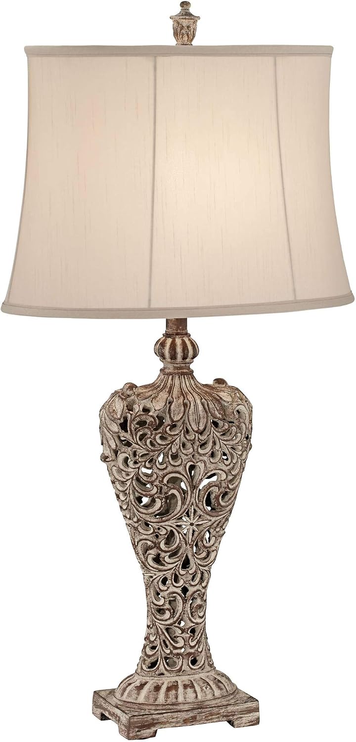 Regency Hill Elle Traditional Antique Table Lamp 33' Tall Classic Gold Open Scroll Bronze Off White Oval Shade Decor for Living Room Bedroom House Bedside Nightstand Home Entryway
