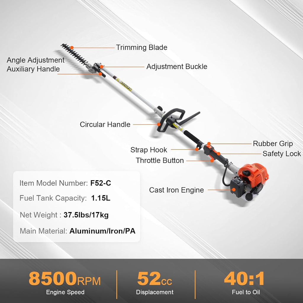 VEVOR 52cc Gas-Powered 6-in-1 Multi-Functional Trimmer - Hedge Trimmer, Brush Cutter, Weed Eater, Edger, Pole Saw & Chainsaw Pruner, EPA, CE & EMC Certified