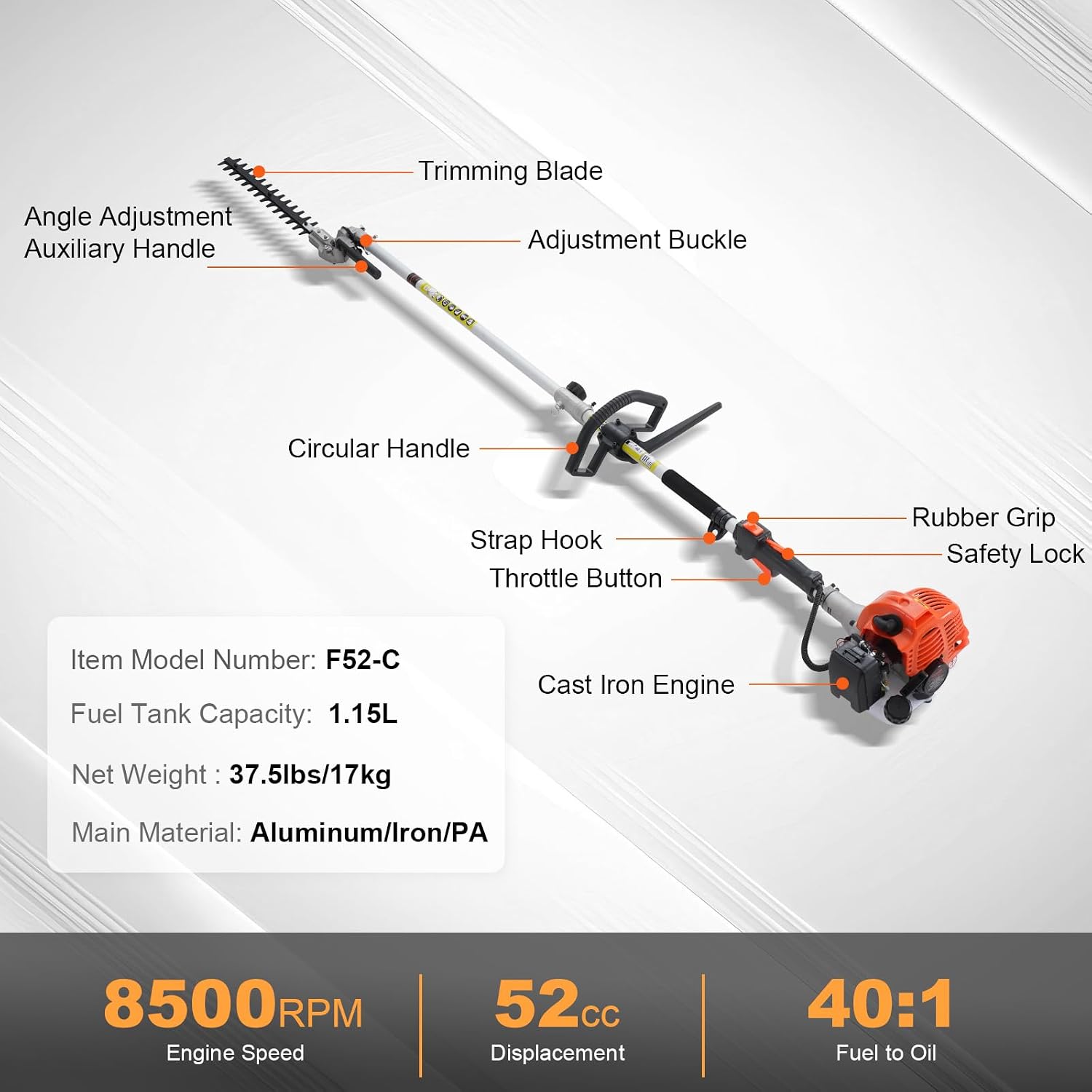 VEVOR 43cc 6-in-1 Multi-Functional Trimming Tool, Hedge Trimmer, Weed Eater, String Trimmer, Brush Cutter, Edger, Pole Saw Chainsaw Pruner with Extension Pole, w/EPA, CE and EMC Certification
