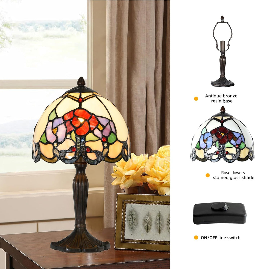 TL0010 Small Tiffany Lamp Rose Flowers Design Stained Glass Table Lamp 8' D x 14.25' H for Living Room Bedroom Bedside Nightstand Home Office, LED Buld Included (Rose Flower)