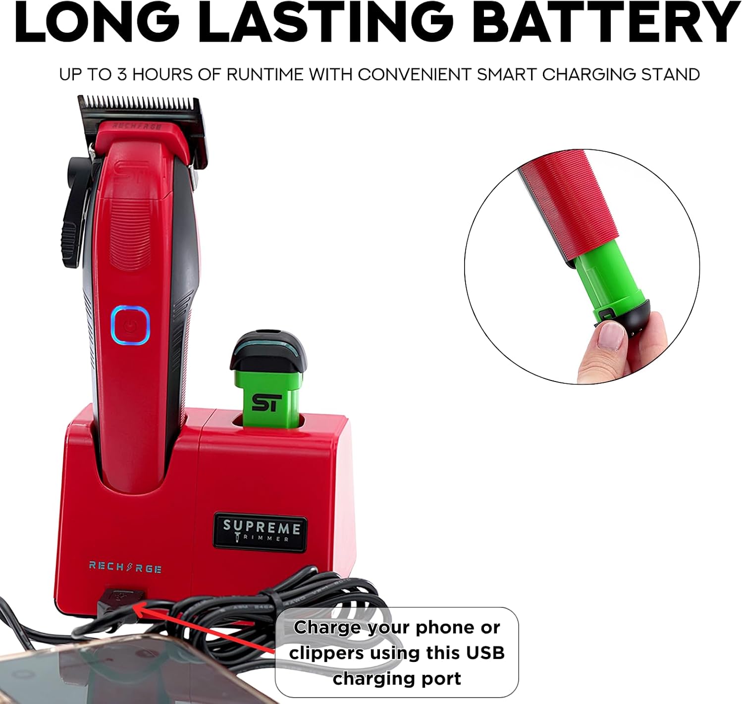 Supreme Trimmer Recharge Clipper - Professional Hair Clipper with 2 Removable Batteries, Brushless Motor, Smart Charge Stand, USB-C Charge & DLC Blades Barbers | STC779