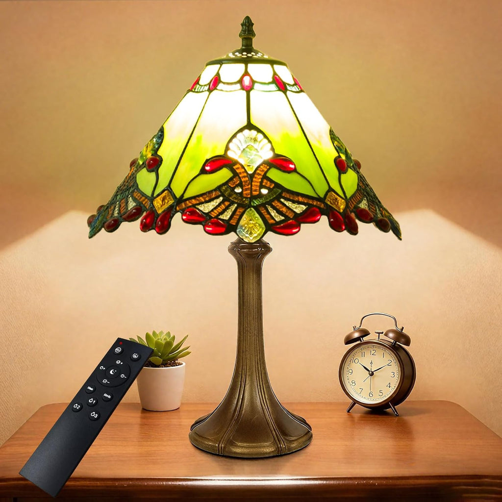 12 Inch Baroque Style Tiffany Table Lamp, Vintage Stained Glass Desk Lamp with Remote Control, 3 Color Temperature & Brightness Level for Office Home Bedroom Living (Green)