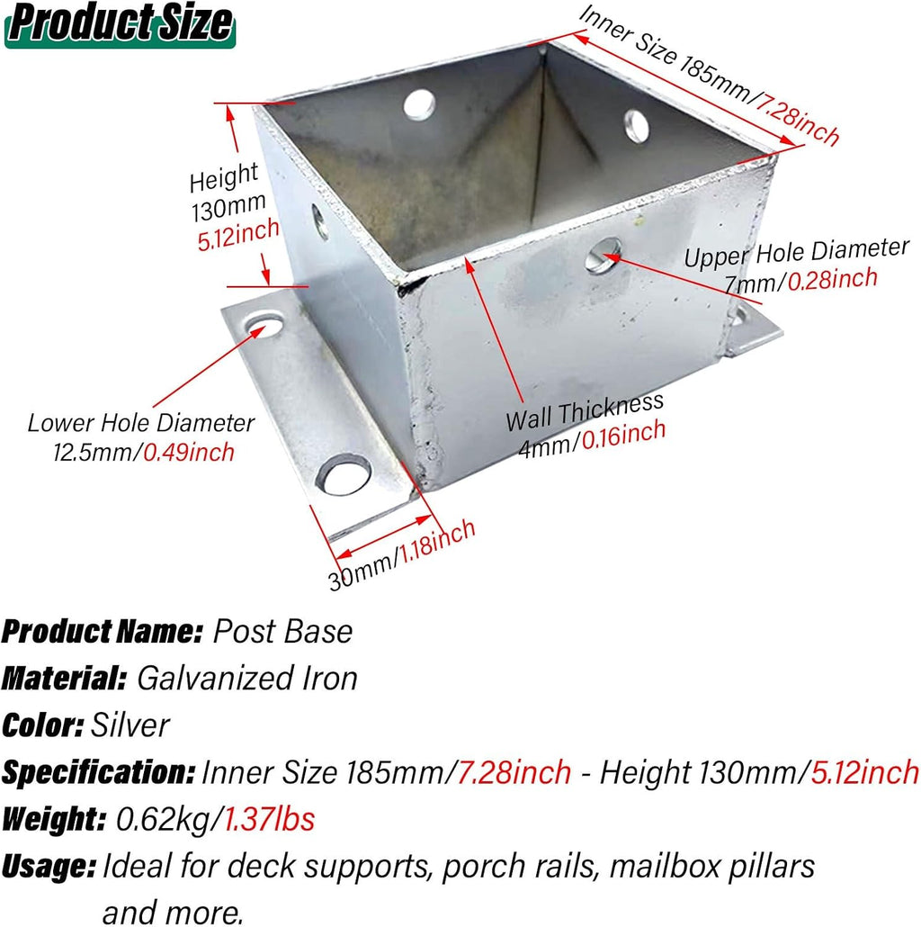 2 Pcs Heavy Duty Post Base Protectors, Wooden Fence Bracket for Deck Railing & Pavilion Support, 185x130mm (7.3x5.1in) - Durable Mailbox & Fence Post Support