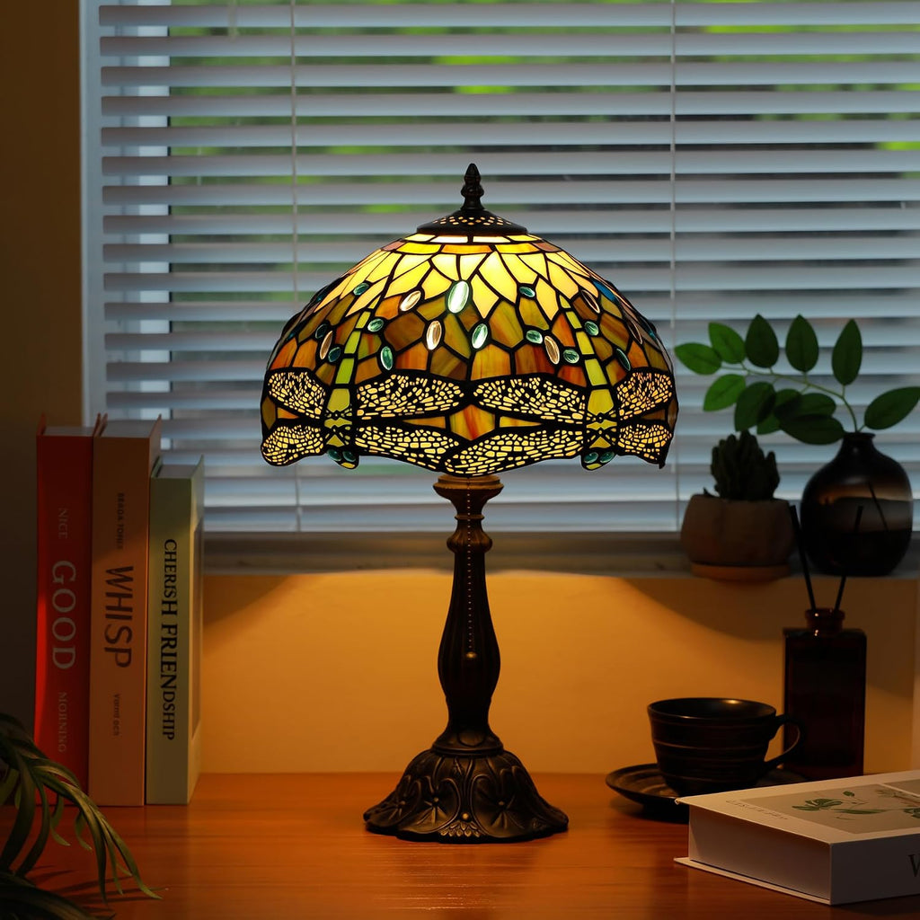 Tiffany Lamps White Brown Dragonfly Style Stained Glass Table Lamp Desk Bedside Reading Light 12X12X18.5 Inches with Bronze Resin Base Applicable to Bedroom Living Room Office