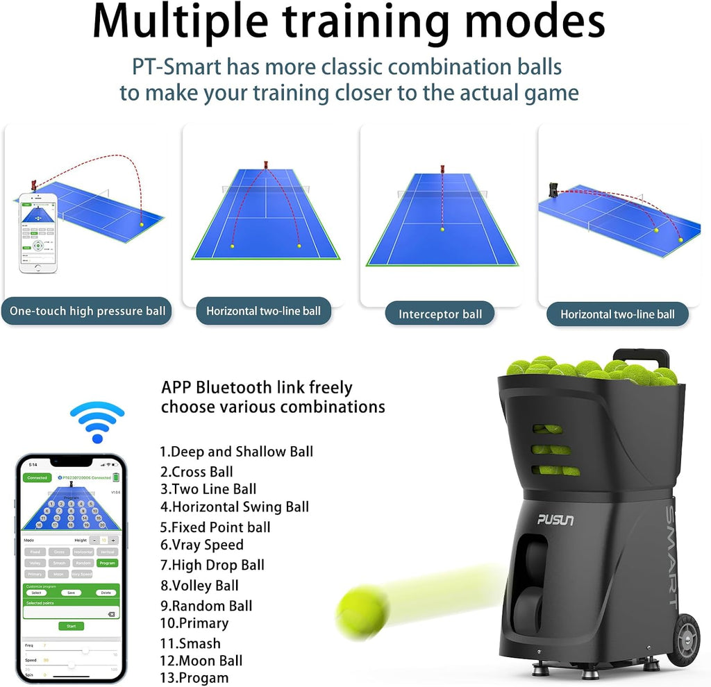 PT-SAMRT-Professional Tennis Ball Machine with App Control - 100+ Ball Capacity - 12 Training Modes - 4-6 Hours Battery Life (Black)