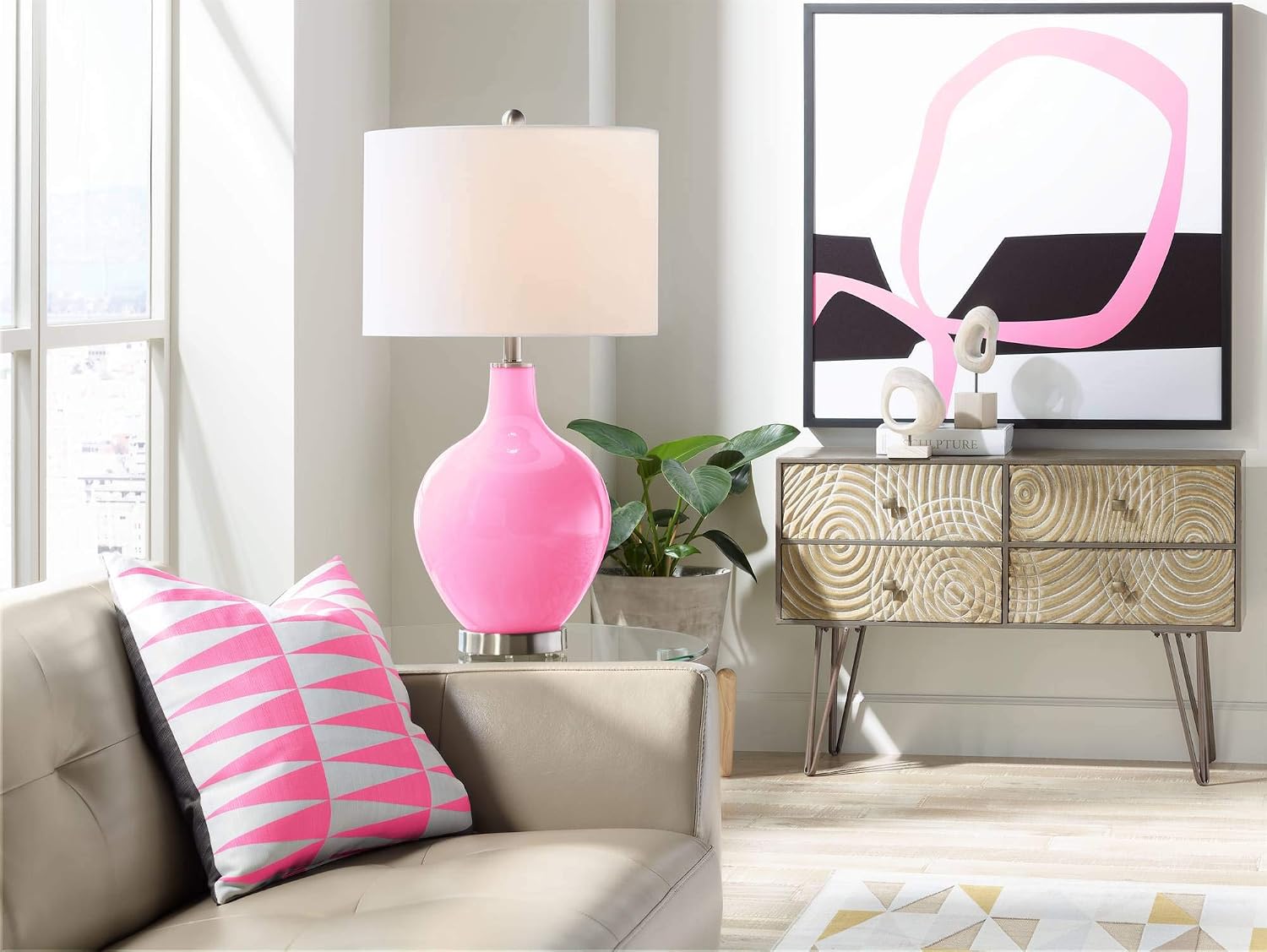 Color + Plus Modern Table Lamp 28.5' Tall Pale Pink Glass OVO White Linen Drum Shade for Living Room Family Bedroom Bedside Nightstand Office