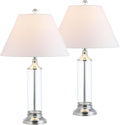 JONATHAN Y 29' Clear/Chrome Glass LED Table Lamp Set of 2, Modern Bedside Nightstand Lamps for Living Room Bedroom Office, White Linen Shade, Transitional Decor JYL4014A-SET2