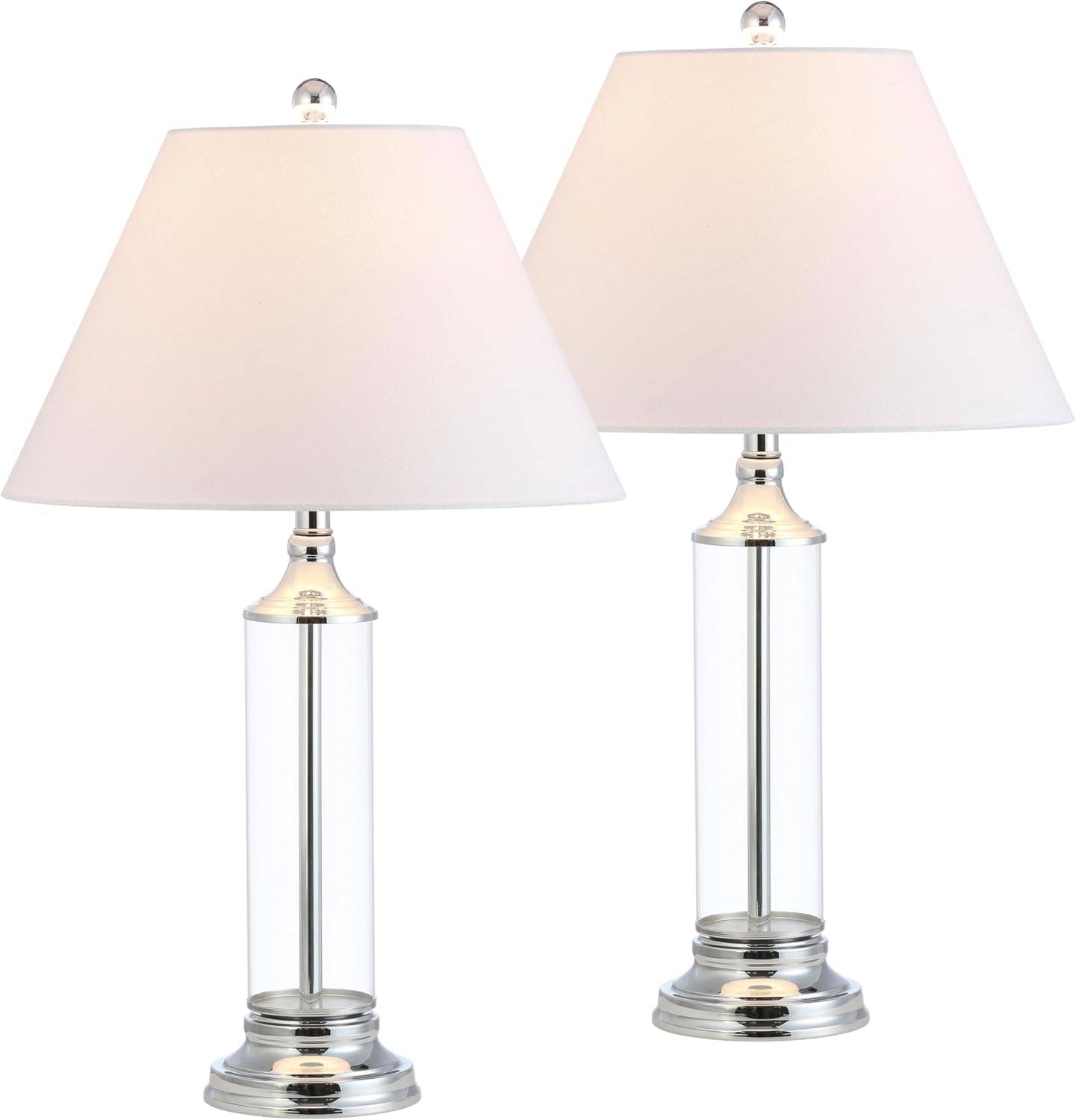 JONATHAN Y 29' Clear/Chrome Glass LED Table Lamp Set of 2, Modern Bedside Nightstand Lamps for Living Room Bedroom Office, White Linen Shade, Transitional Decor JYL4014A-SET2