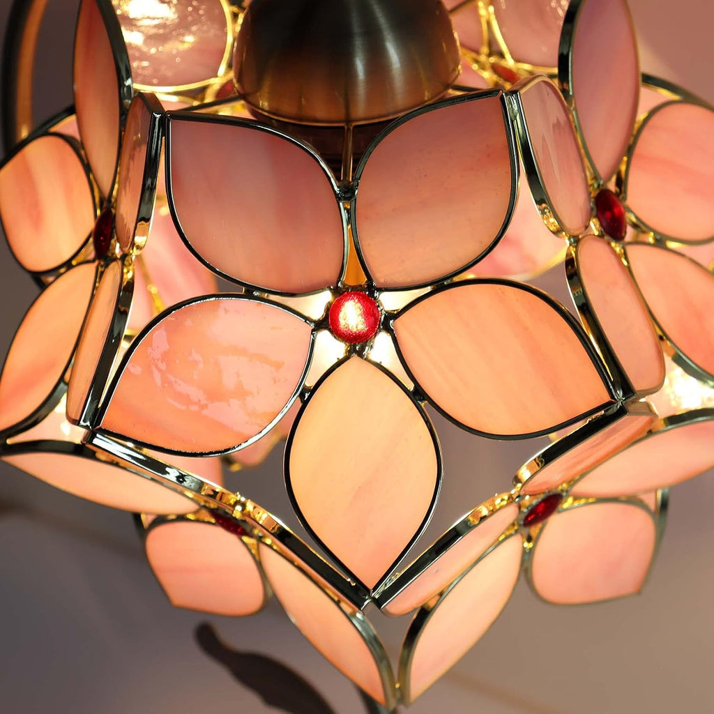 Bieye L10832 Tiffany Style Stained Glass Flower Petal Table Lamp with Brass Base for Home Décor (Pink, 8' Apple Blossom)