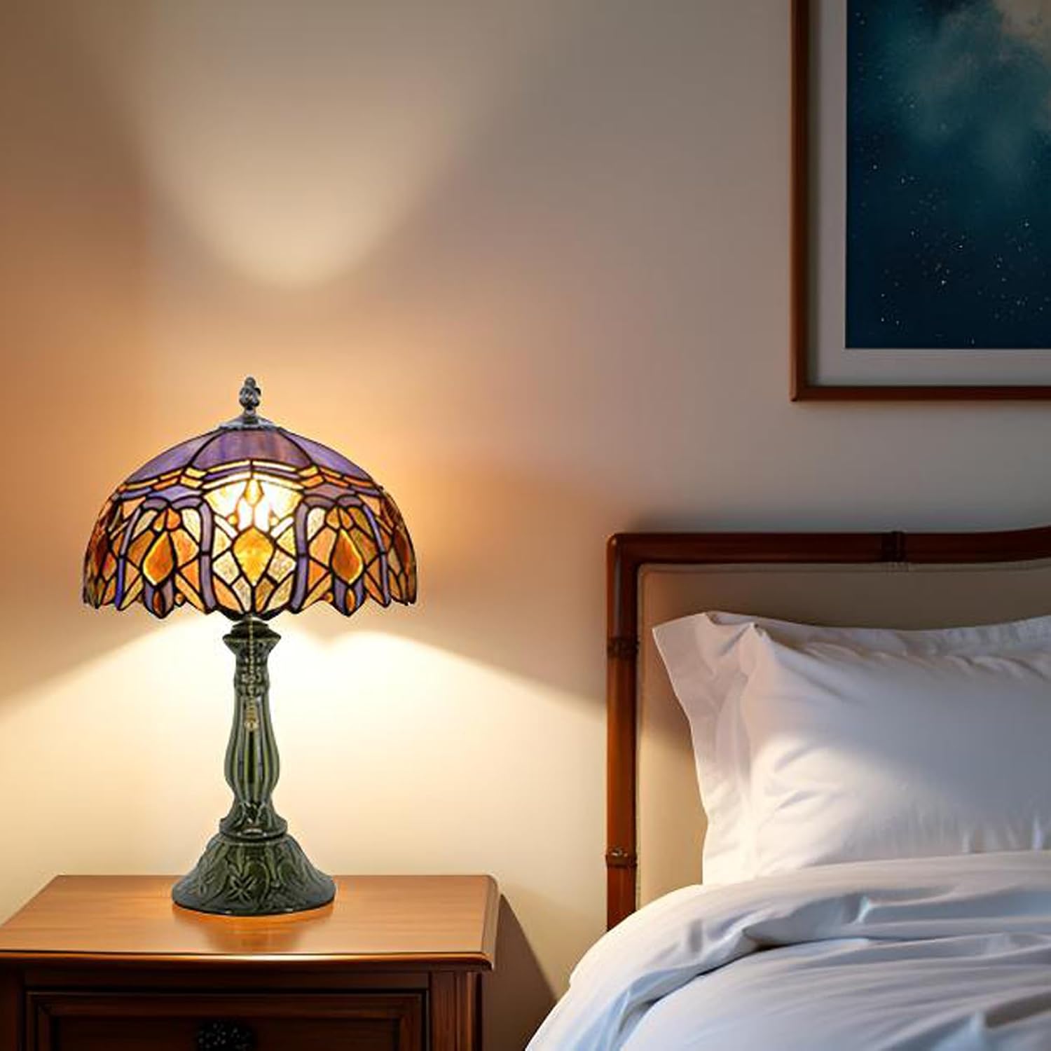 Tiffany Lamp Stained Glass Table Lamps Purple Jewelry Baroque Style Desk Lamp 12X12X18.5 Inch Bronze Ceramic Base Reading Light Suitable for Bedside Bedroom Living Room Dining Room Office
