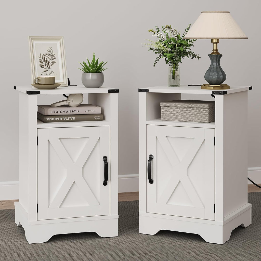 RoyalCraft Farmhouse Nightstand Set of 2, End Table with Charging Station, Tall Bedside Table with Large Storage and Shelf, Wooden Side Table with for Bedroom, Home Office, White