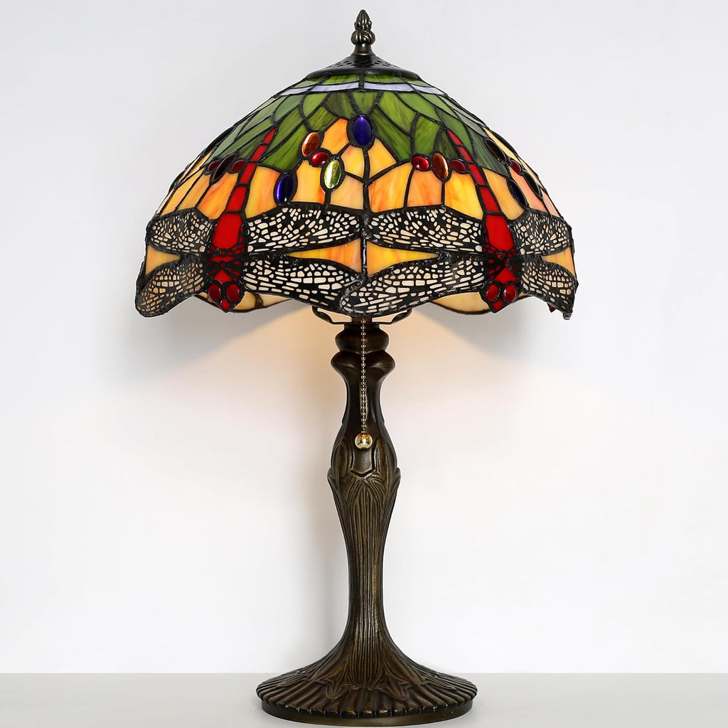 Tiffany Table Stained Glass Table Lamp 12 x 19' Bedside Reading Lamp Yellow Dragonfly Style Decorative Lamp for Desk Living Room Bedroom Office Study Light Decor Gift