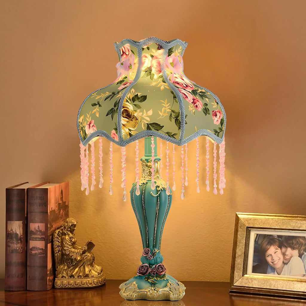 Green Victorian Table Lamp European Style Fabric Desk Lamps with Fringe Beaded Lampshade Painted Resin Base Handmade Vintage Flower Bedside Night Light for Bedroom Living Room Office