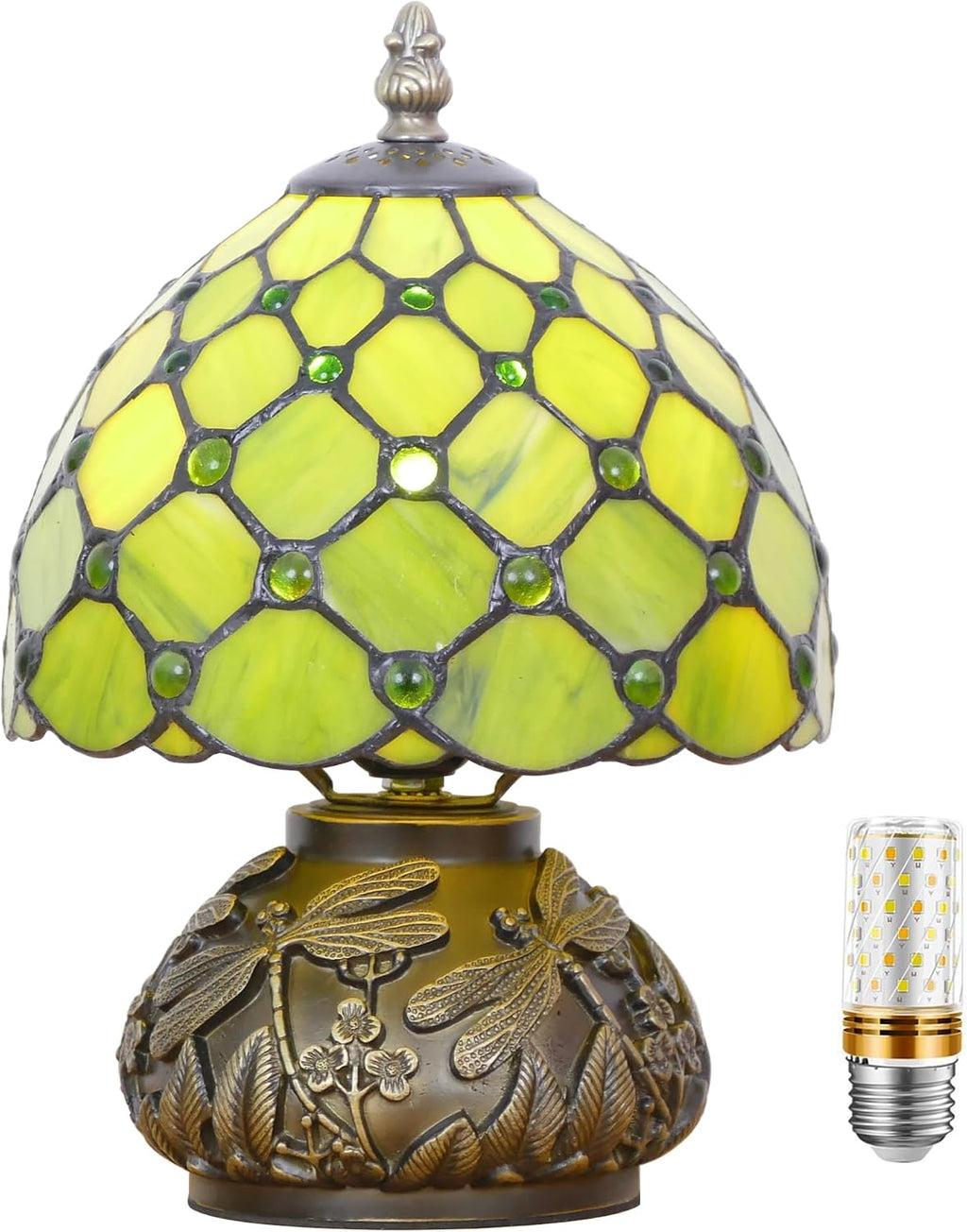Small Tiffany Lamp Mini Stained Glass Table Lamp Green Yellow Pearl Style Mushroom Accent Lamp 8X11 Inch