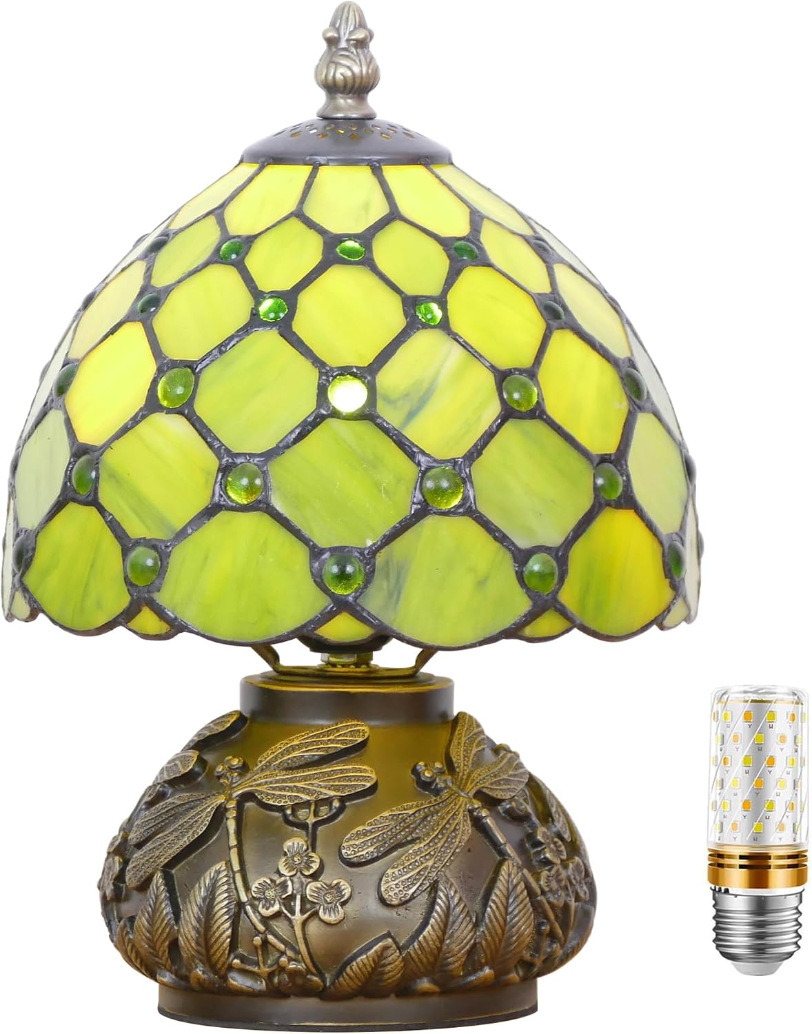 Small Tiffany Lamp Mini Stained Glass Table Lamp Green Yellow Pearl Style Mushroom Accent Lamp 8X11 Inch
