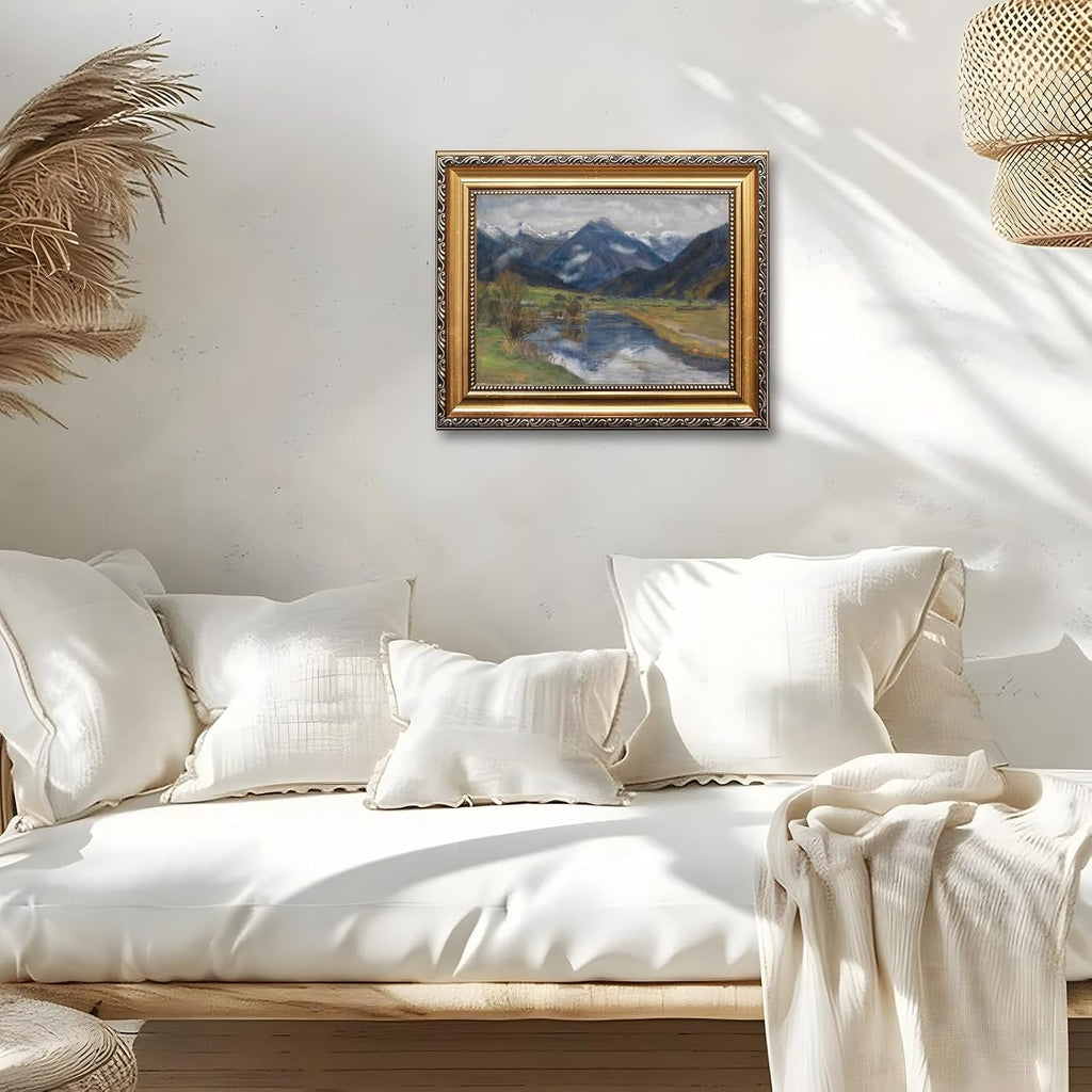 Large Gold Framed Hinterstein from the Water Canvas Poster by Otto Modersohn Vintage Alpine Landscape Wall Art European Mountain River Oil Paintings Reproduction Artwork Print for Home Decor 24x36inch