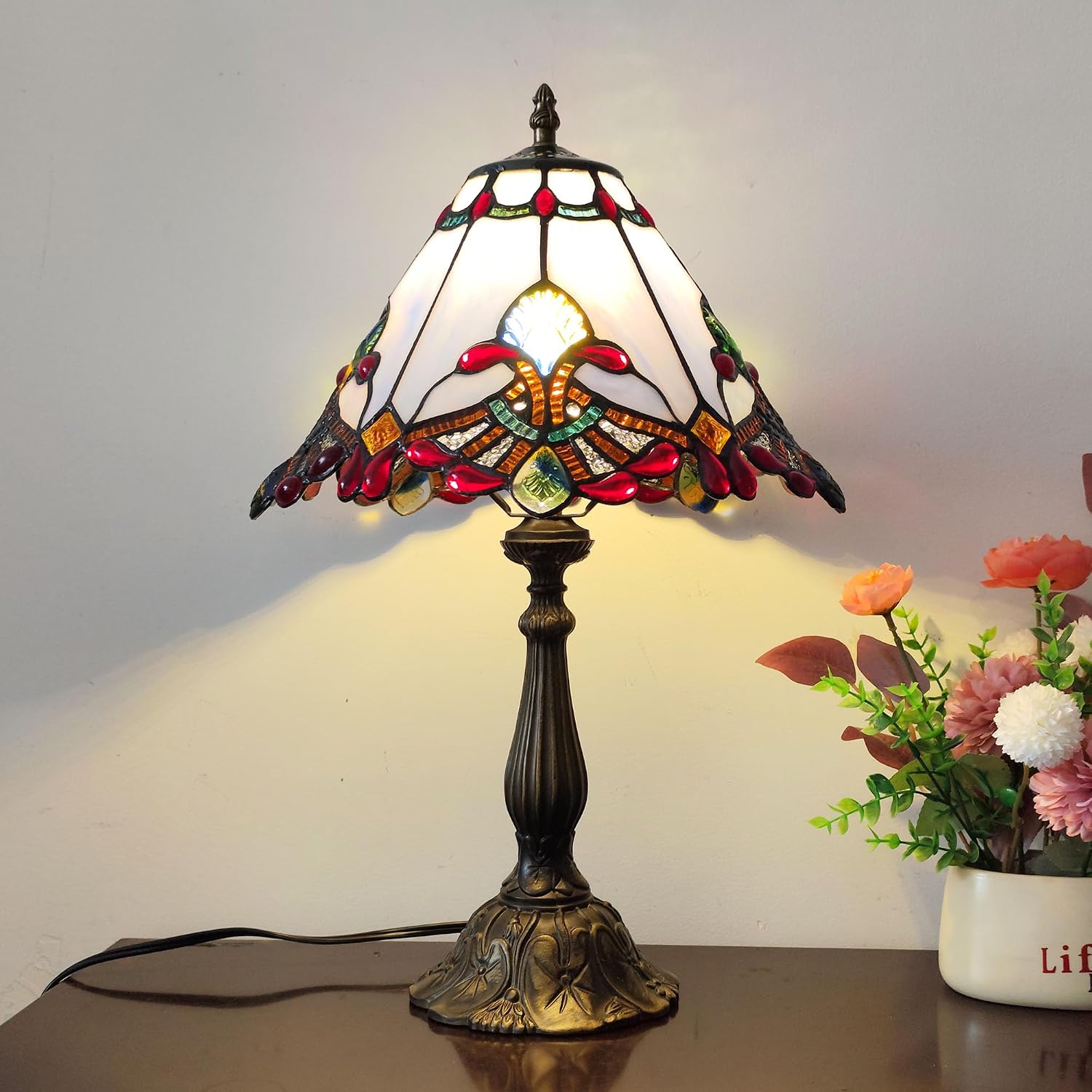 Tiffany Table Lamp Purple Baroque Style Stained Glass Lamp 12X12X19 Inch Antique Lamp for Office Home Bedroom Living Include 3-Color LED Bulb